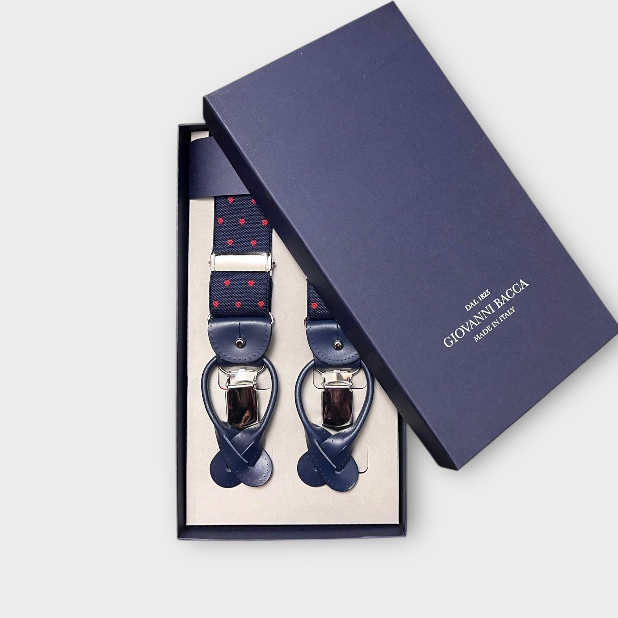 Bretelle Larghe Elastiche Blu Pois Rossi Con Asola In Pelle - Cappelleria Bacca
