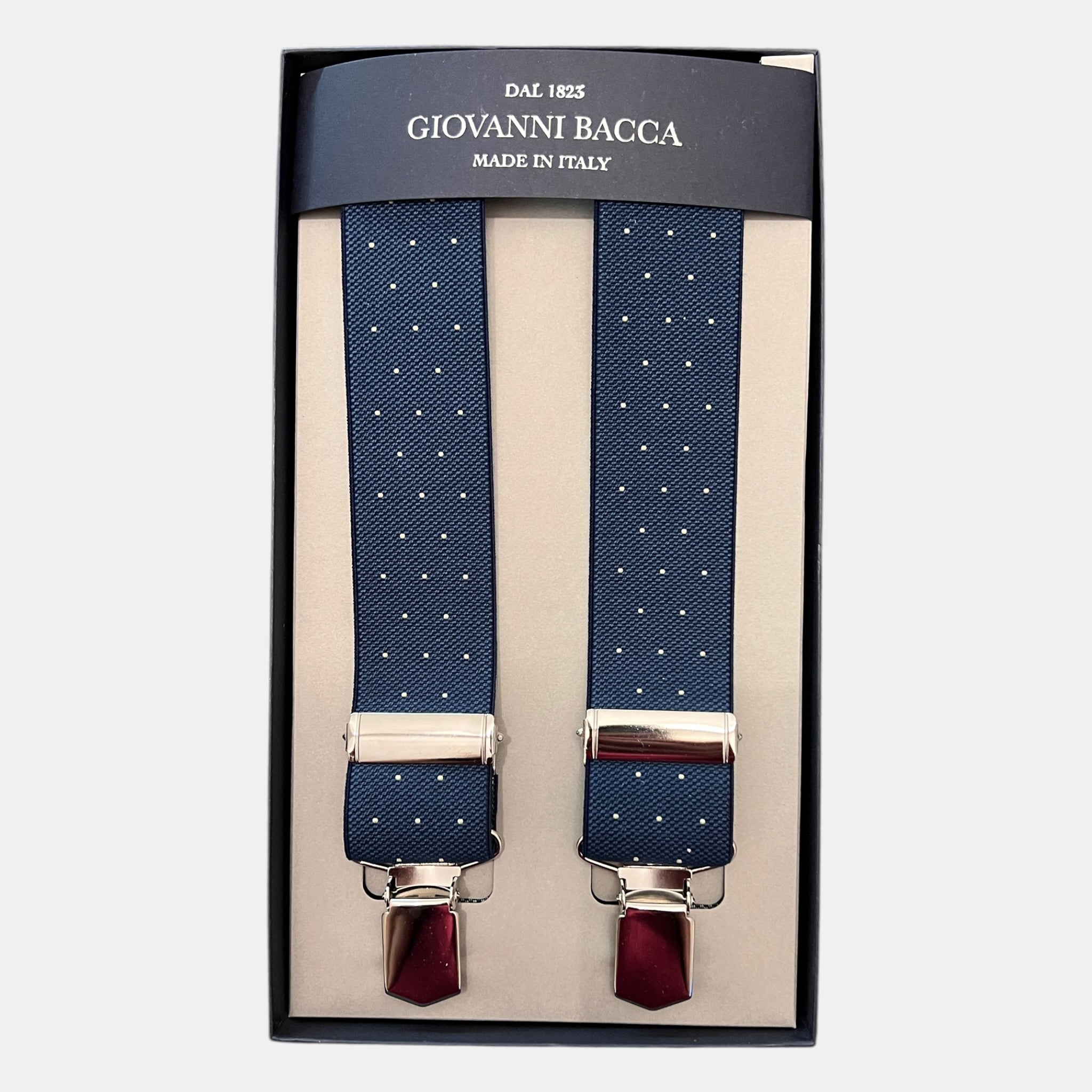 Bretelle Larghe Elastiche Denim Blu con Pois Bianchi - Cappelleria Bacca