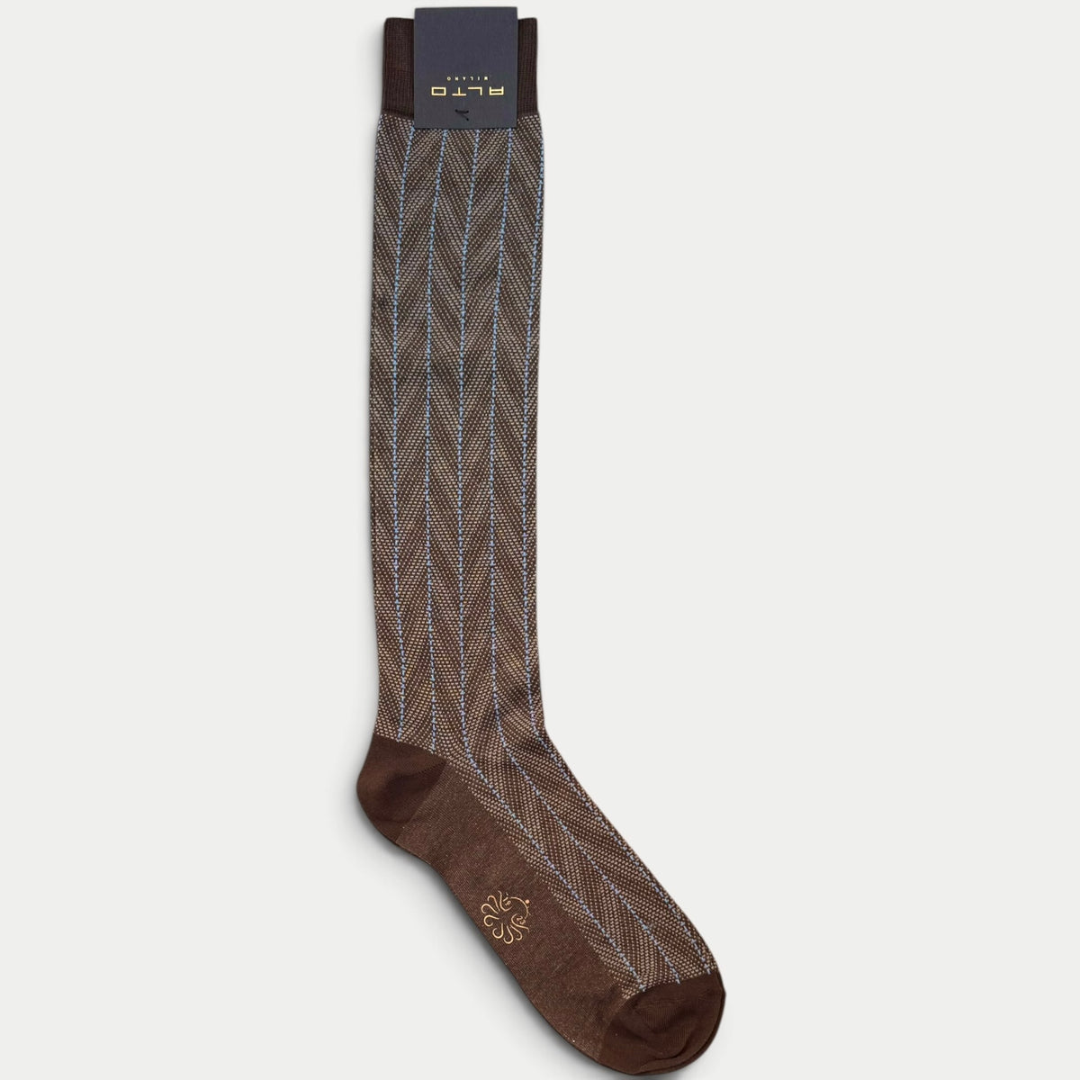 Calzino lungo marrone gessato Alto Milano in cotone e cashmere