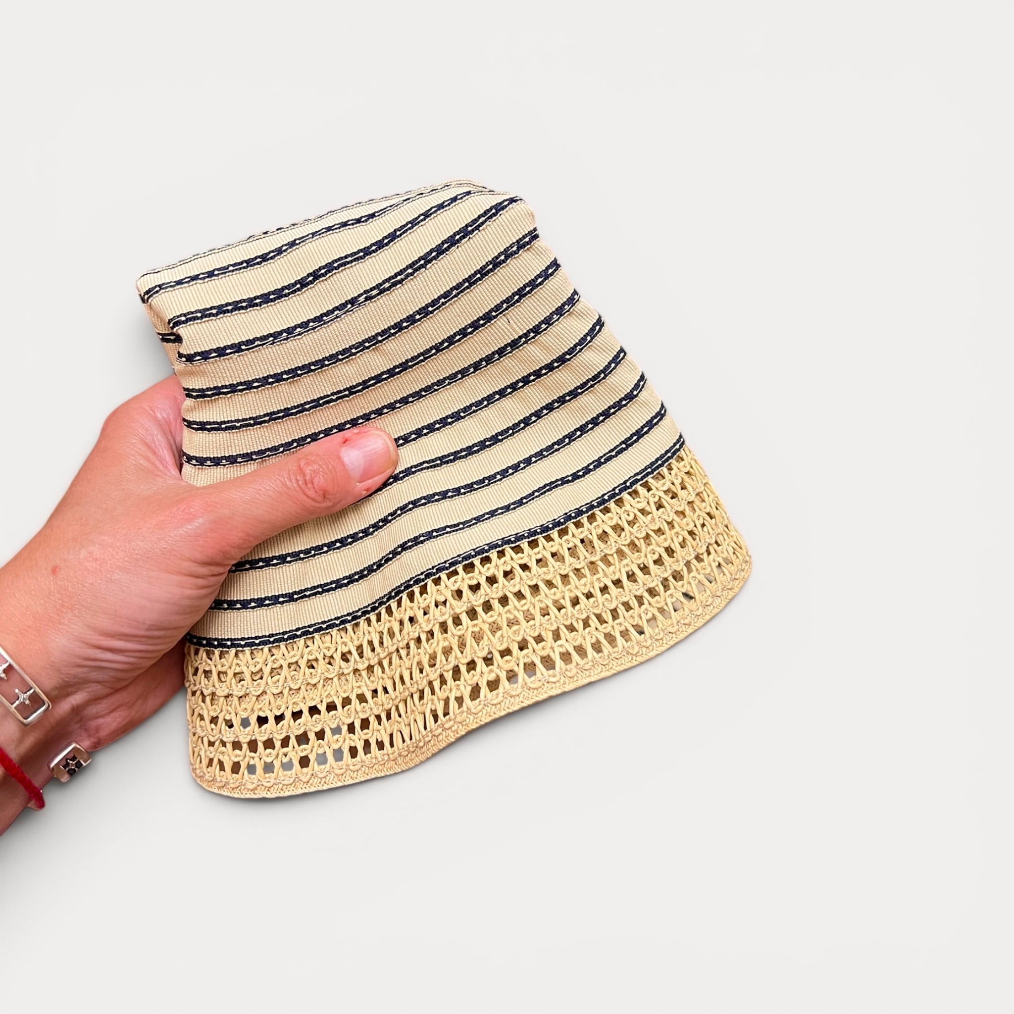 Cappello Donna Estivo Ala larga In Cotone Beige Bordo Paglia Pieghevole - Grevi