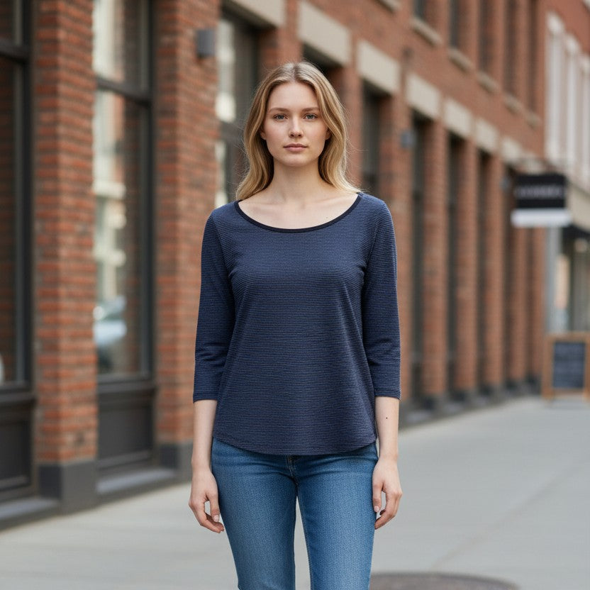 T-shirt Maniche 3/4 Righe Blu - Cappelleria Bacca