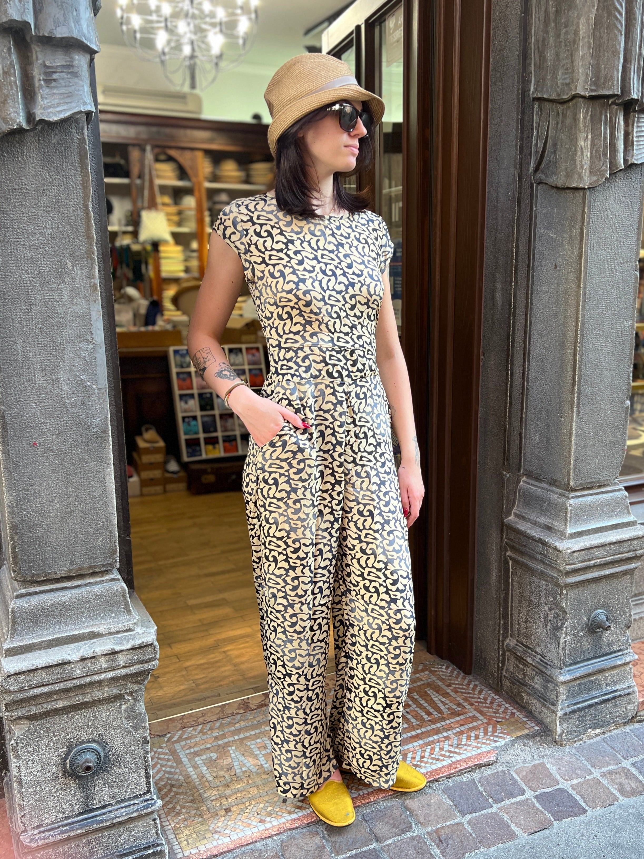 Abito Jumpsuit In Seta Nero e Beige - Cappelleria Bacca