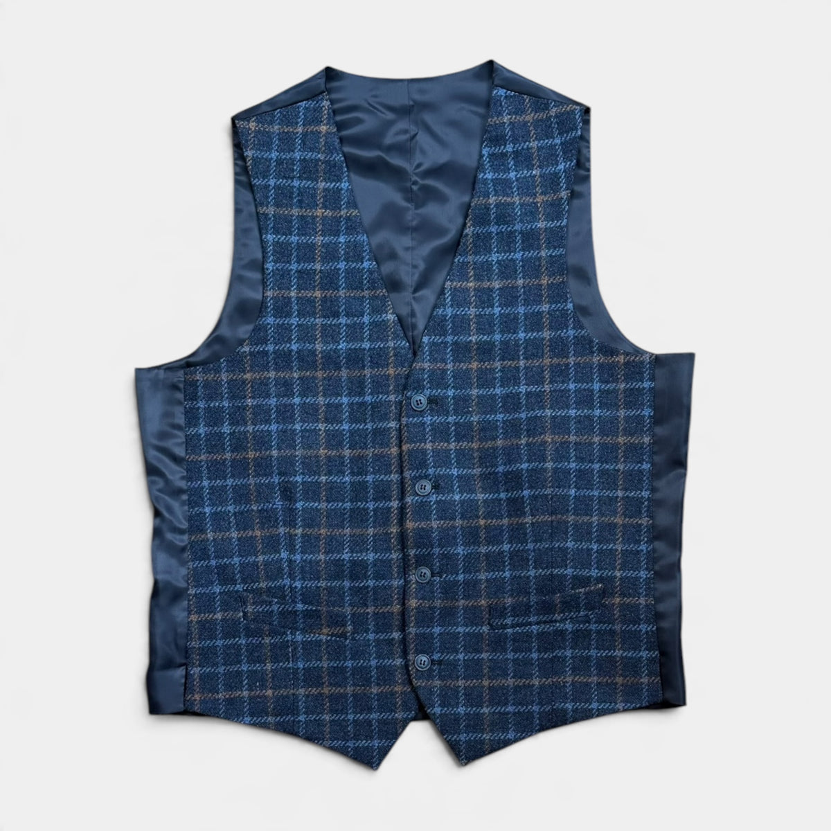 Gilet Uomo In Lana Tweed Scozzese Blu - Made In Italy