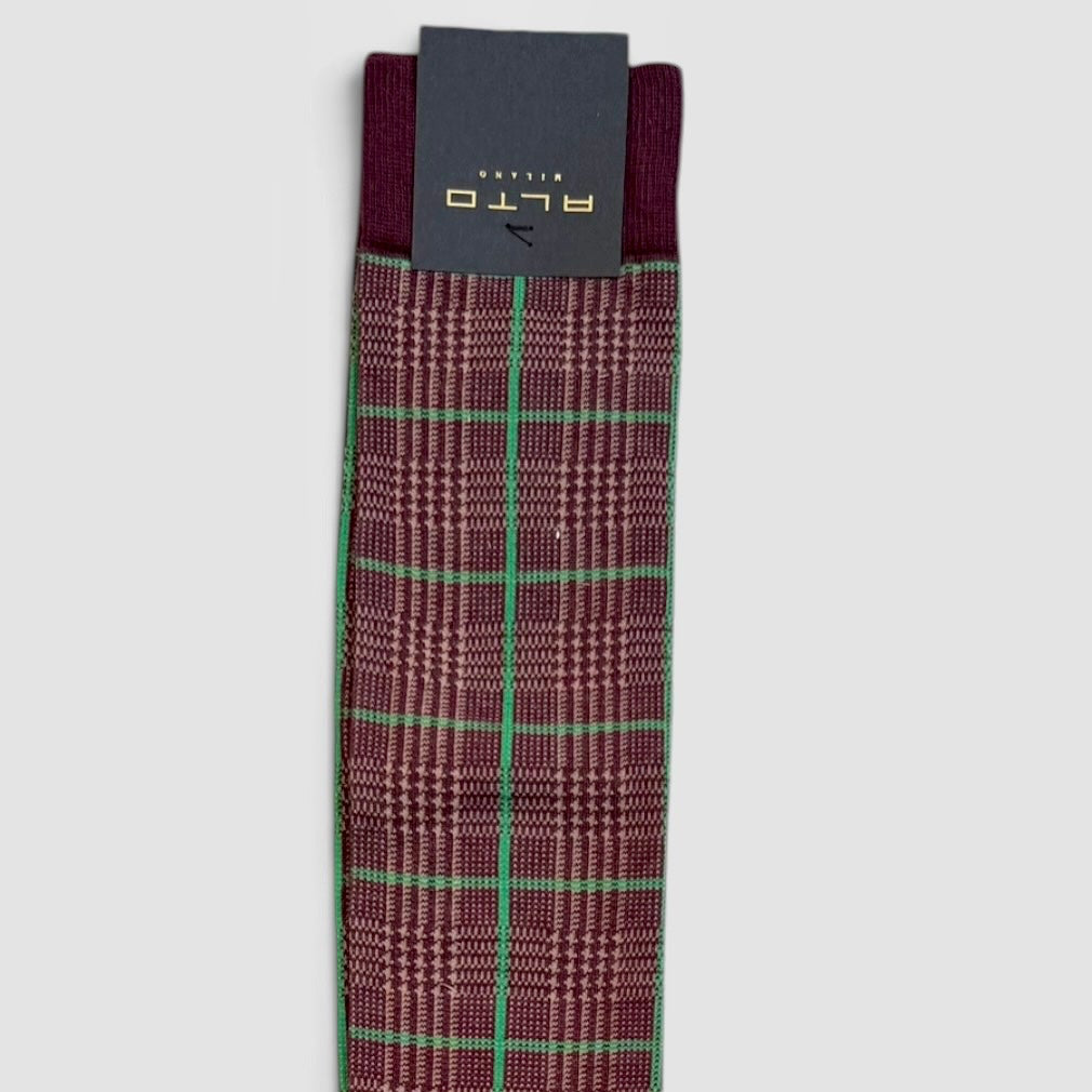 Dettaglio bordo calzino tartan Alto Milano bordeaux e verde