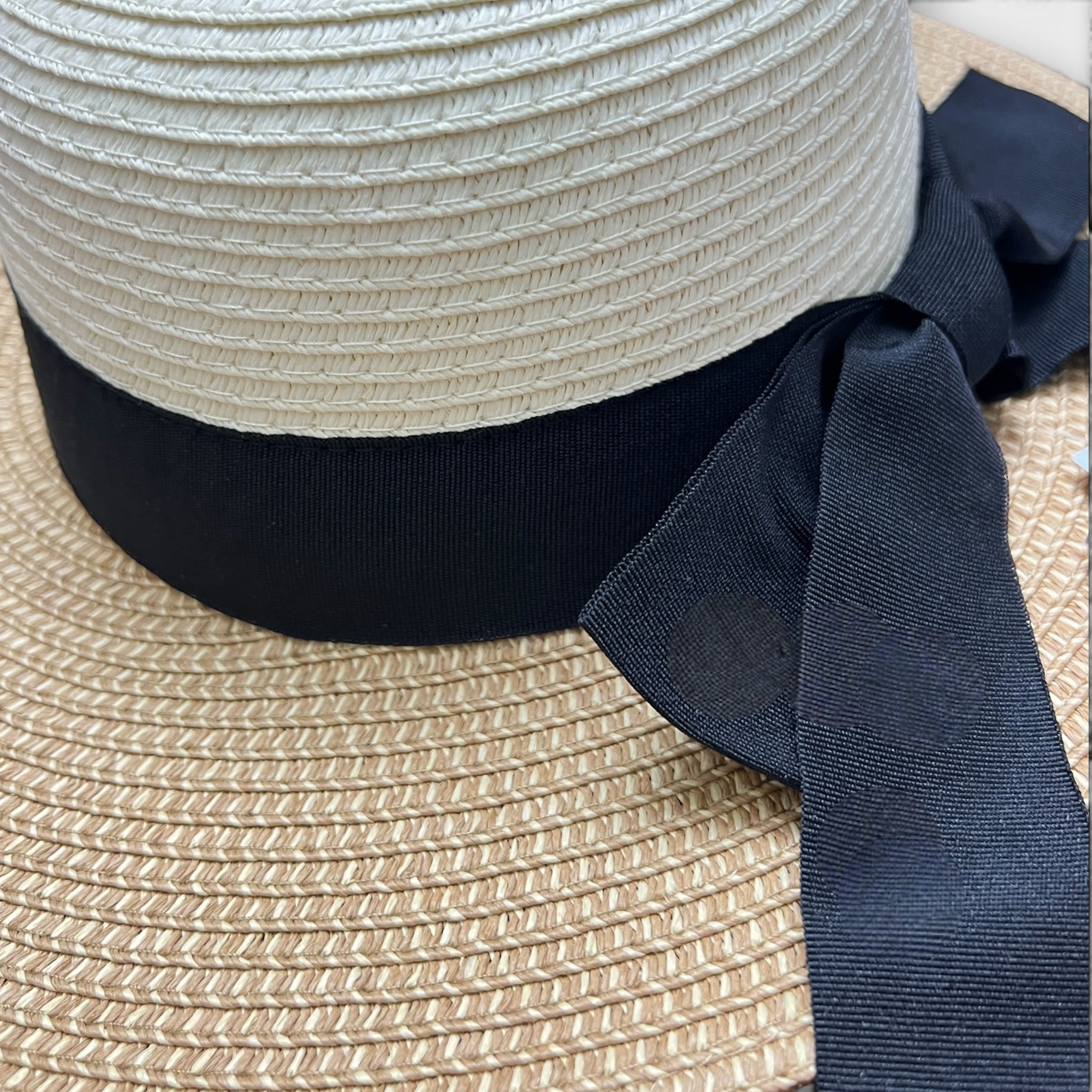 Cappello Da Donna Estivo Ala Larga in Paglia Naturale Papier Bicolor Nastro  Nero
