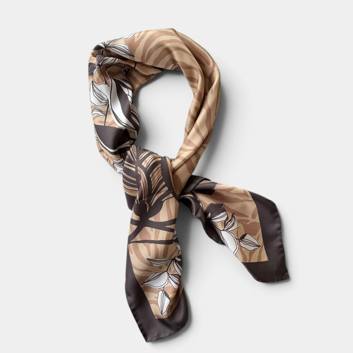 Foulard Laura Biagiotti in seta 90x90 cm, fiori e foglie stilizzati, variante marrone