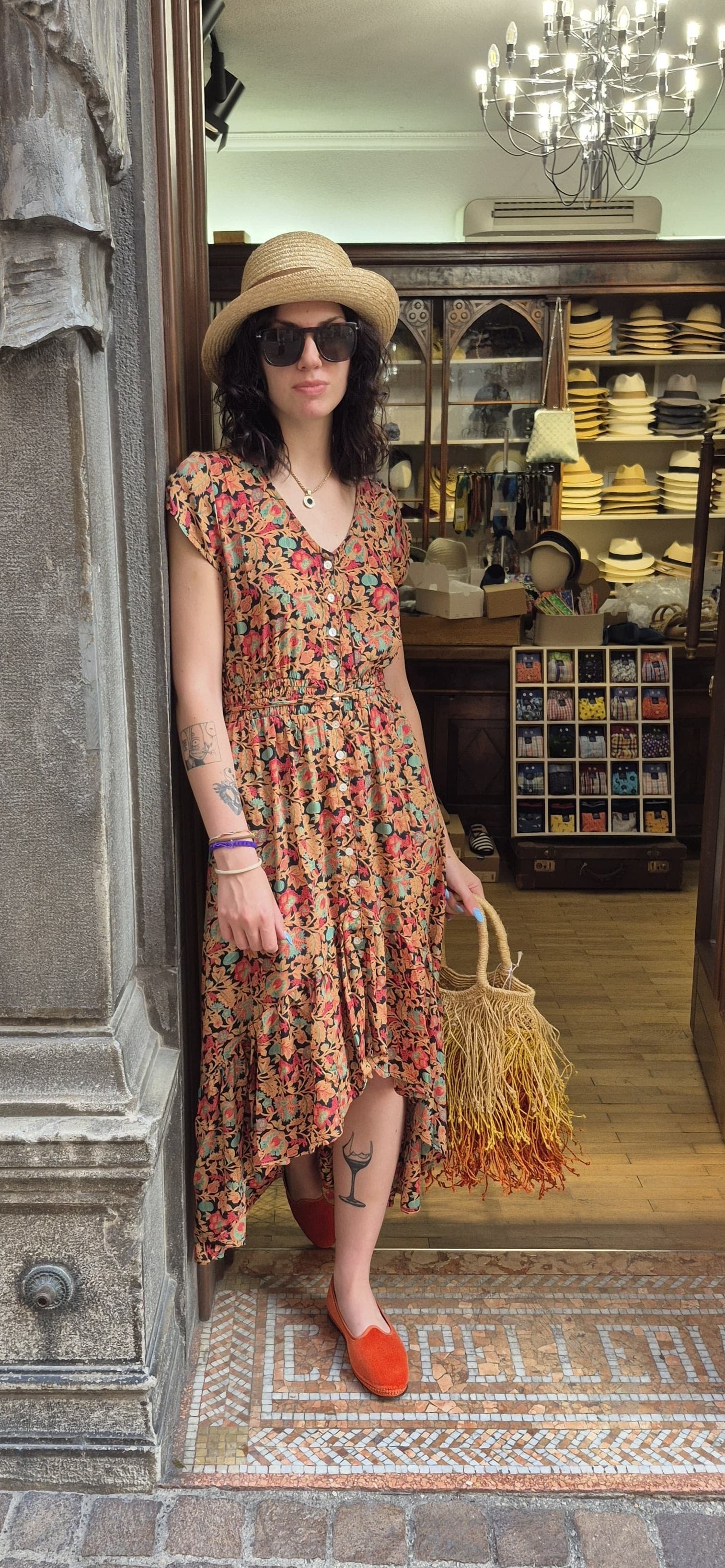Vestito lungho seta mix Ocra e Rosso