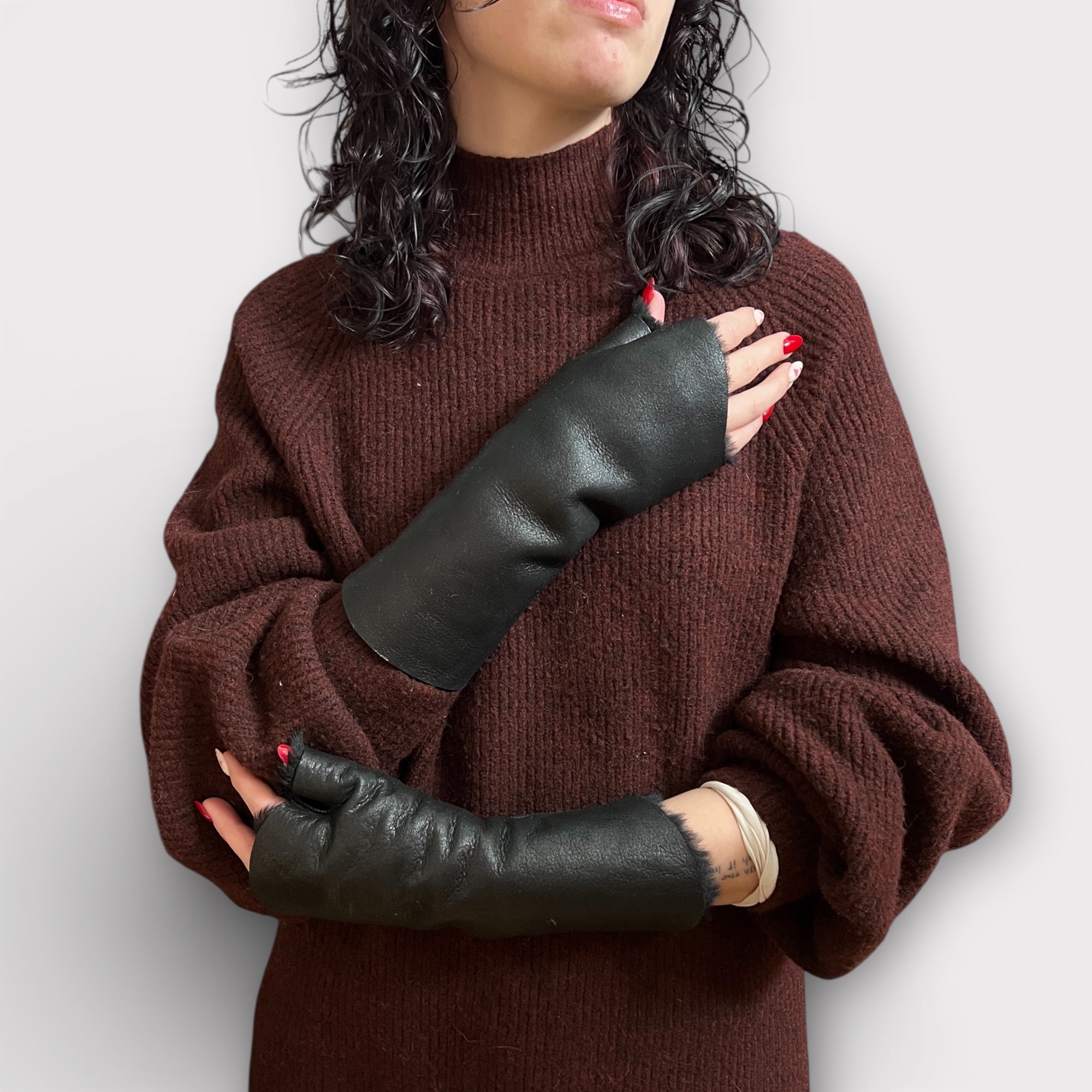 Guanti Senza Dita In Pelle e Pelliccia Di Montone