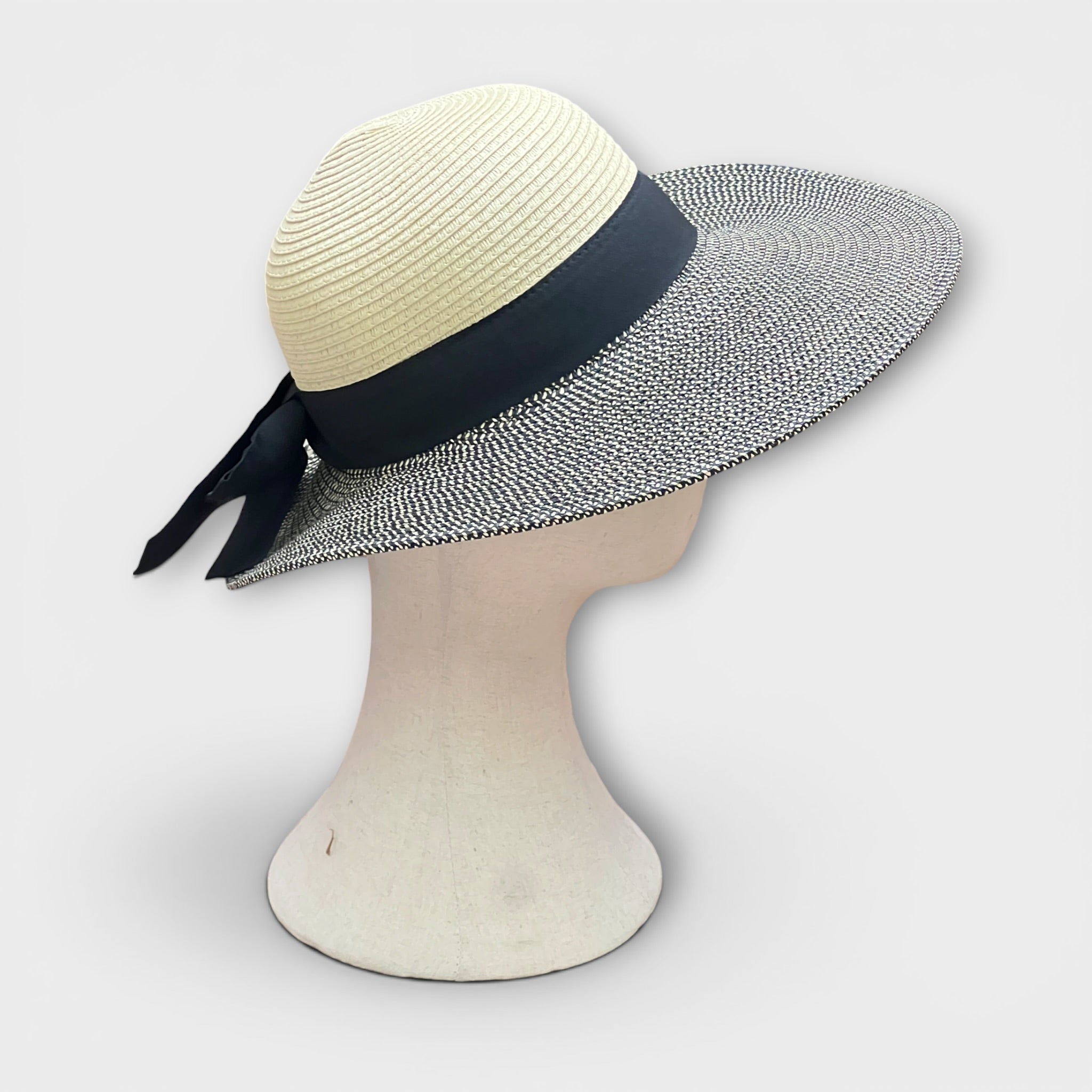 Cappello Da Donna Estivo Ala Larga in Paglia Naturale Papier Bicolor Nastro  Nero