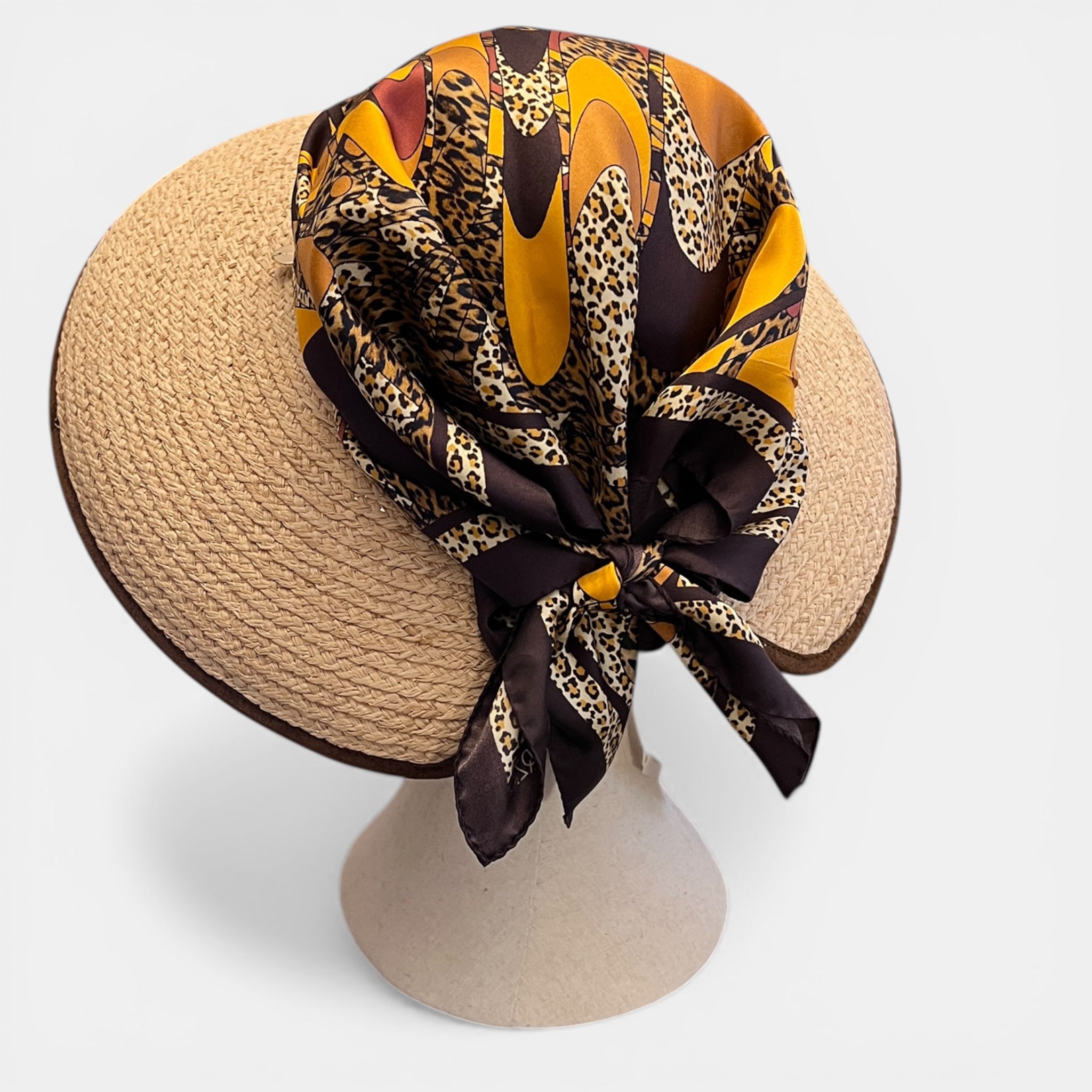 Cappello Visiera Da Donna in Raffia Con Foulard In Seta - Cappelleria Bacca