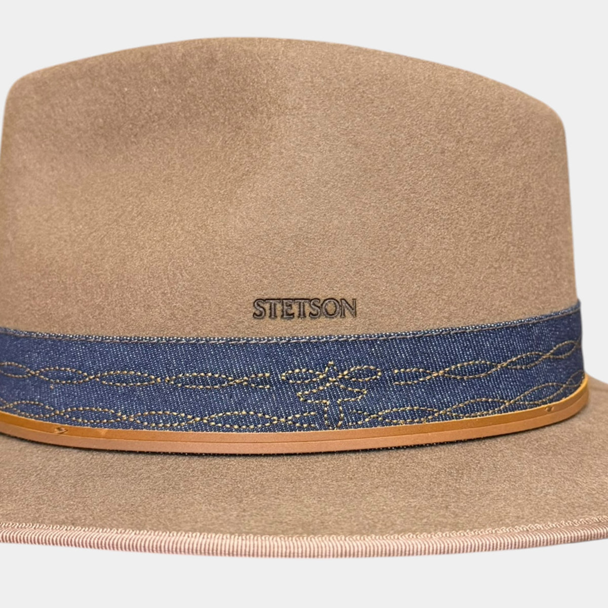 Cappello Stetson Ala Dritta In Feltro Impermeabile Con Nastro In Pelle E Jeans Ricamato - Marrone Chiaro