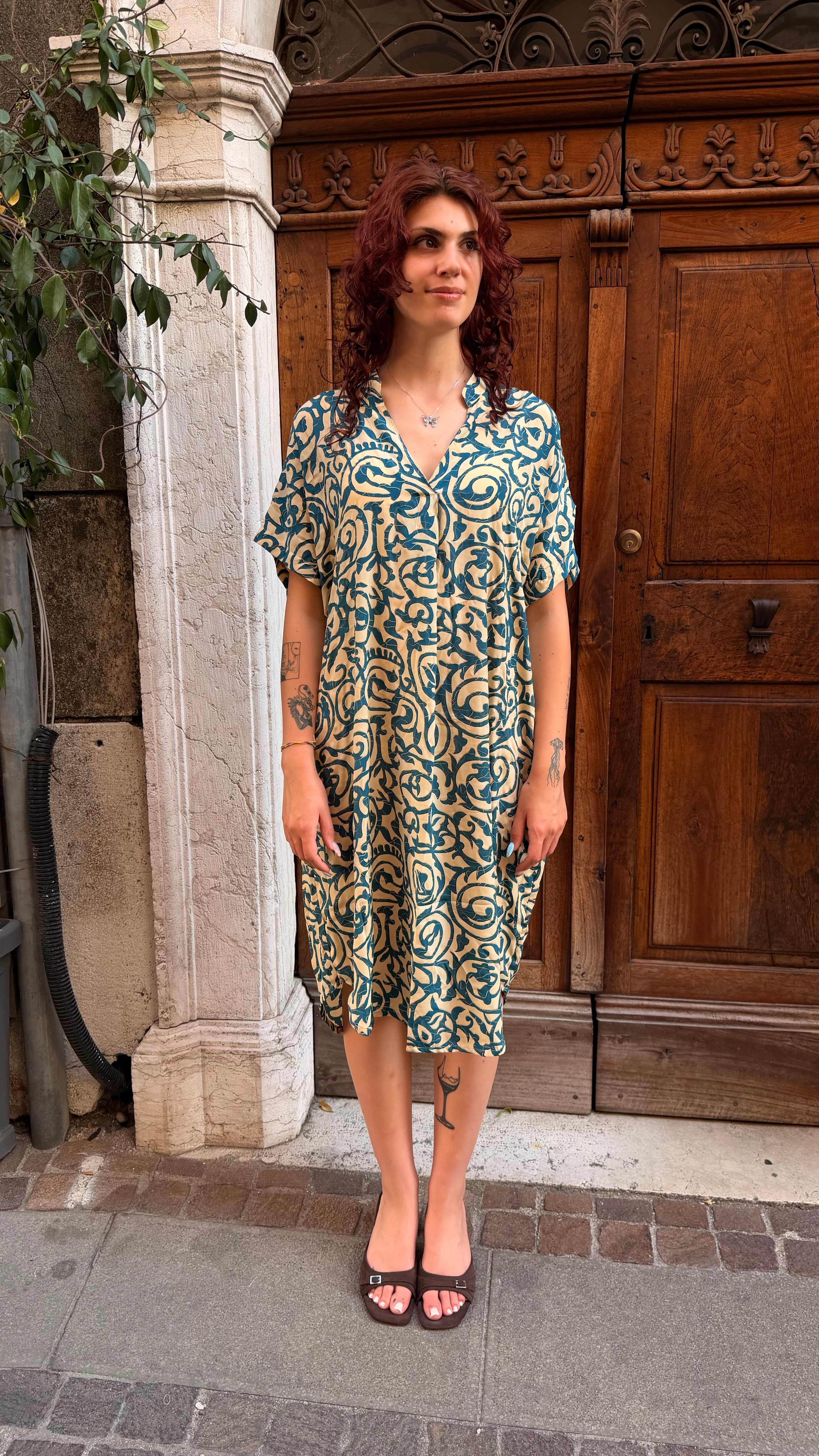 Abito Estivo Donna Midi Manica Corta 70% Seta Verde Petrolio - Cappelleria Bacca