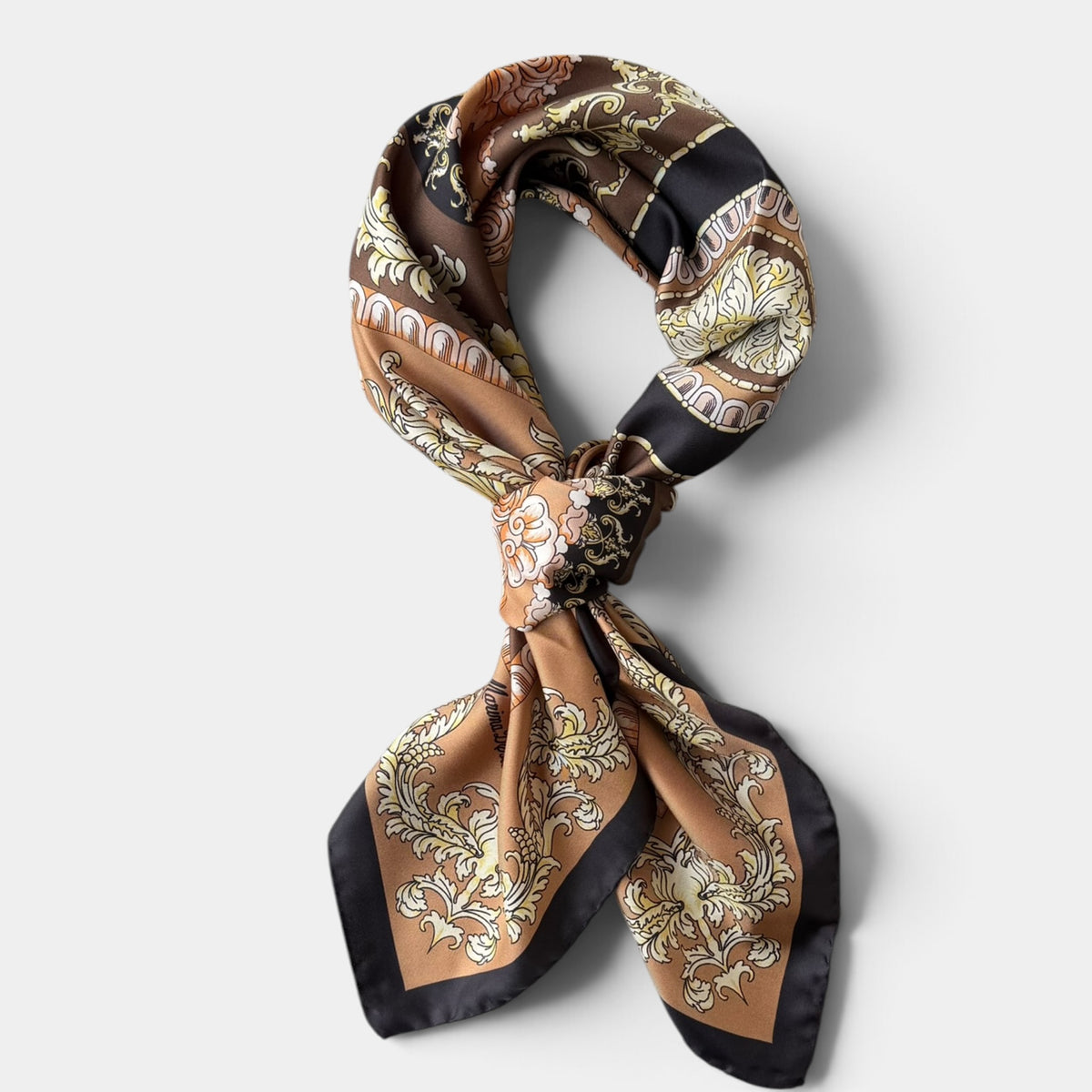 Foulard Marina D'Este in seta 90x90 cm, barocco, variante marrone