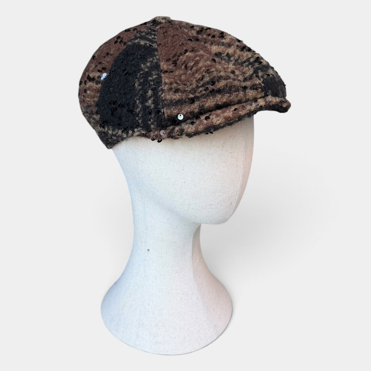 Coppola 8 Spicchi Donna Invernale Tessuto Boucle' Marrone e Nero Con Paillettes