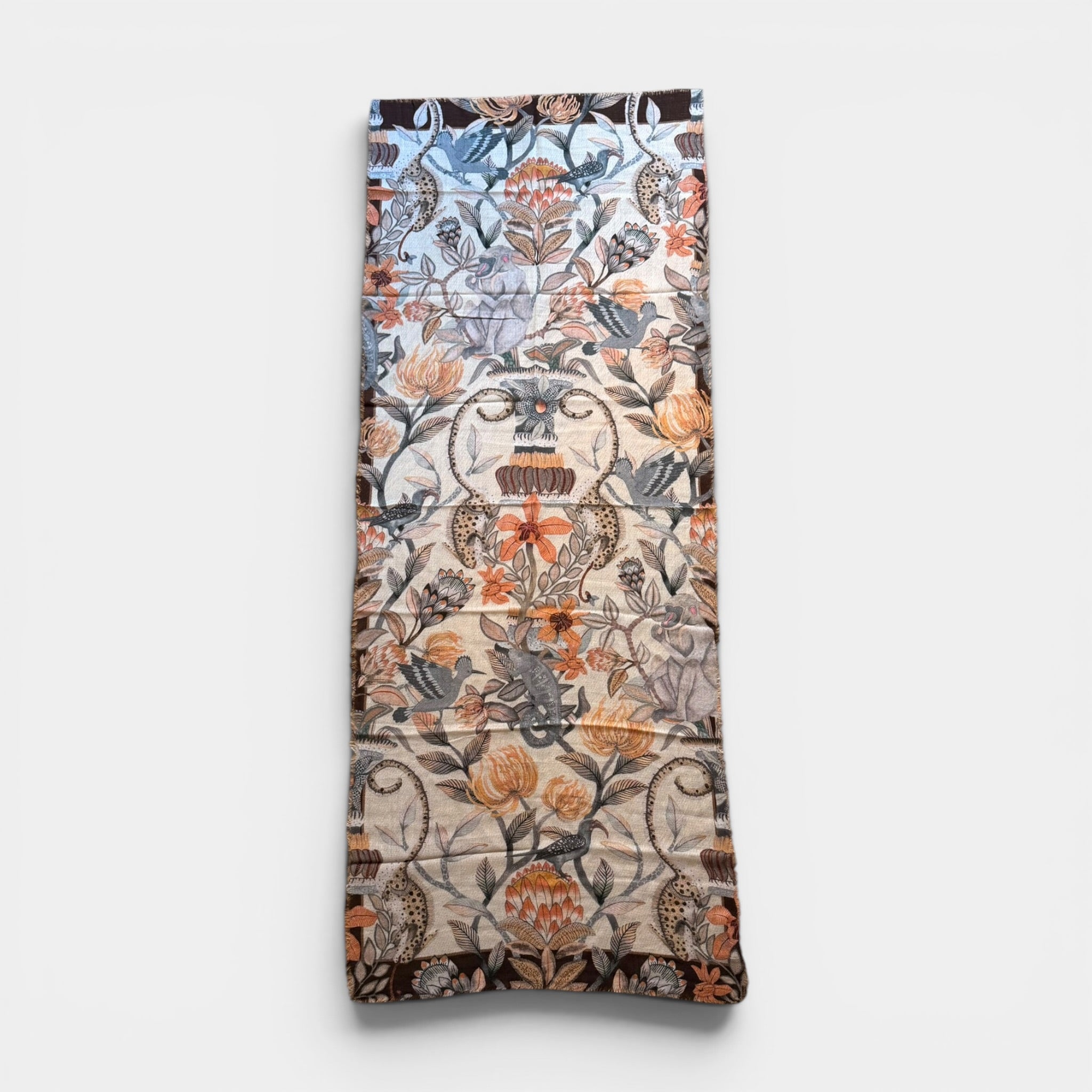 Sciarpa Stola In Tessuto Sottile Di Pura Lana Merinos  70x180 cm - Motivo Natura Beige