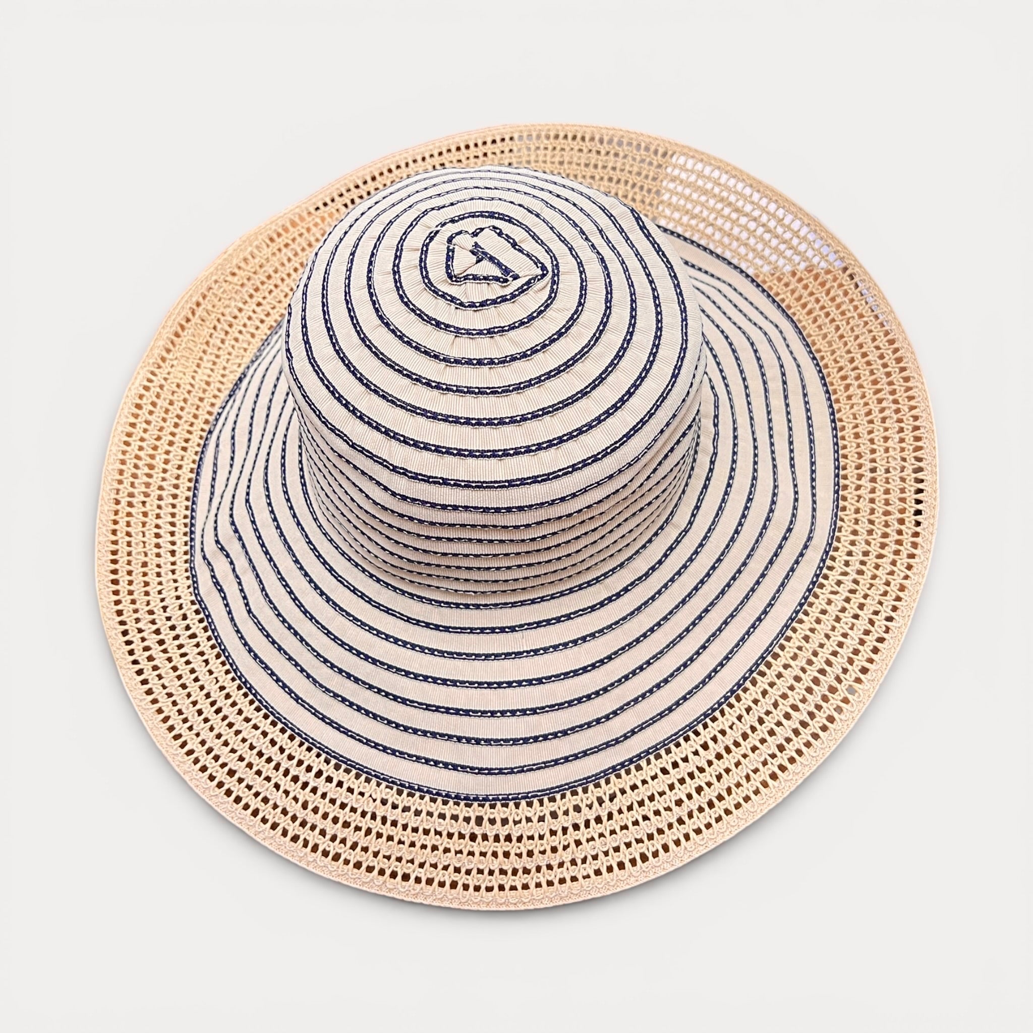 Cappello Donna Estivo Ala larga In Cotone Beige Bordo Paglia Pieghevole - Grevi