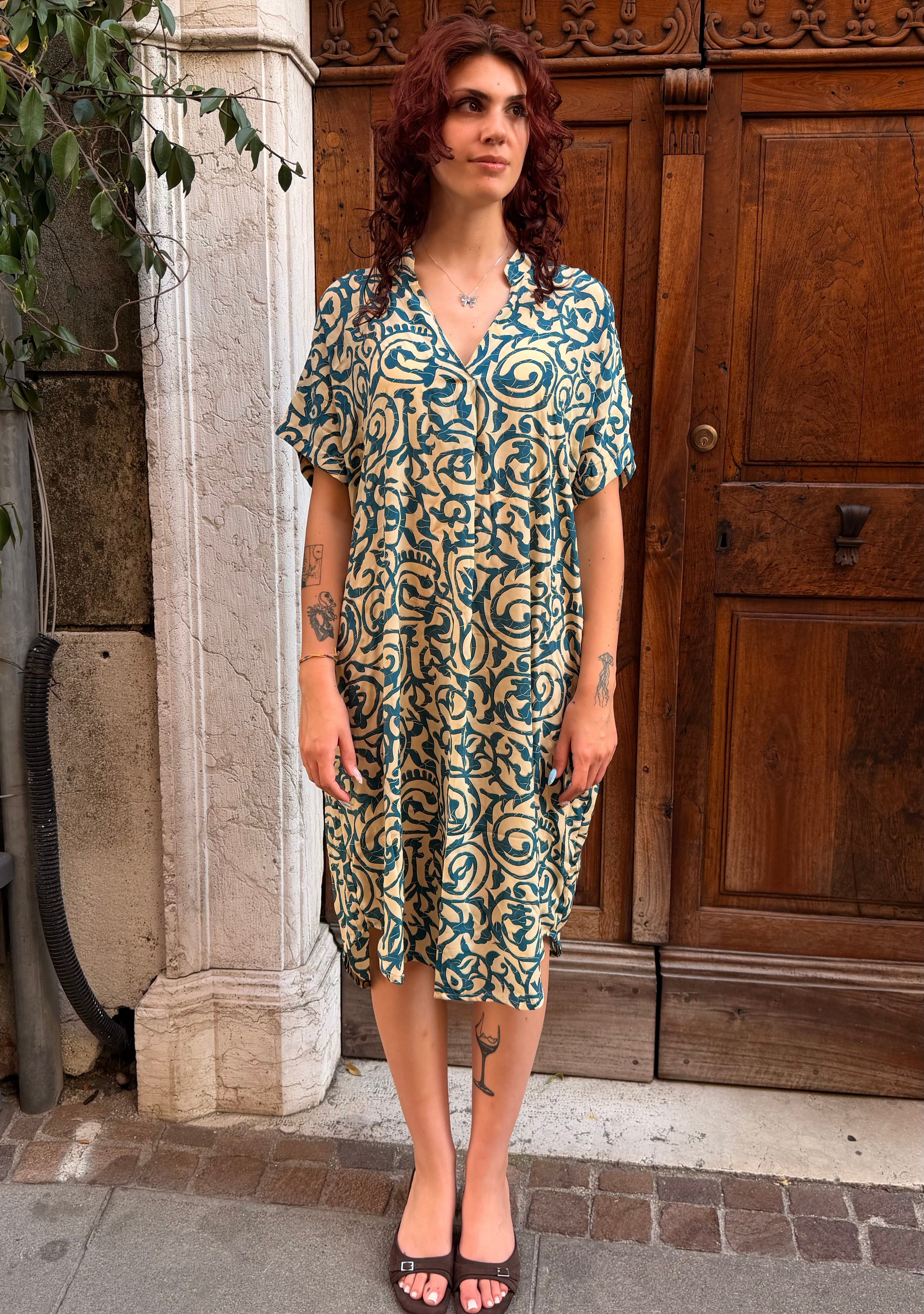 Abito Estivo Donna Midi Manica Corta 70% Seta Verde Petrolio - Cappelleria Bacca