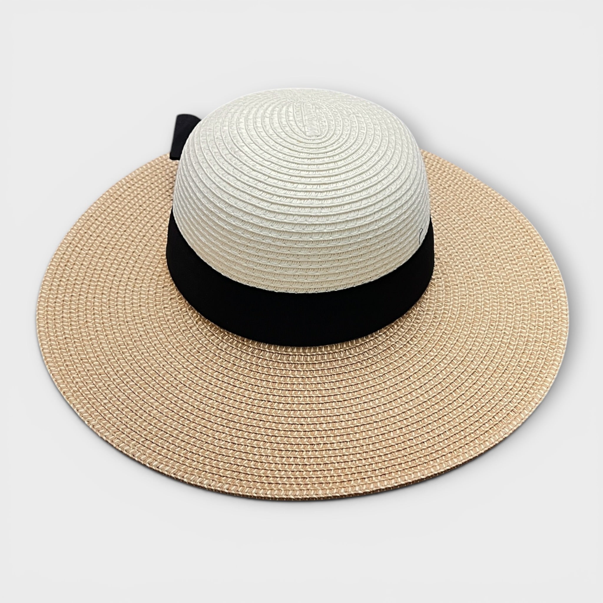Cappello Da Donna Estivo Ala Larga in Paglia Naturale Papier Bicolor Nastro  Nero
