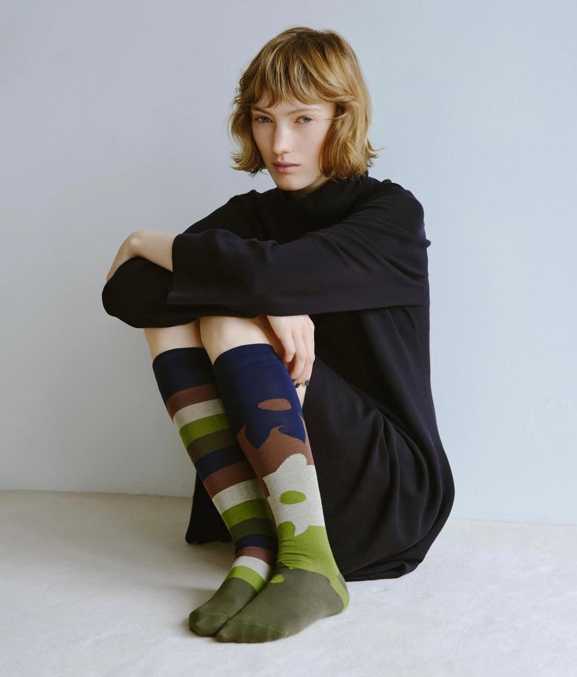 Calzini Spaiati Lunghi In Cotone Matcha Border - Cappelleria Bacca