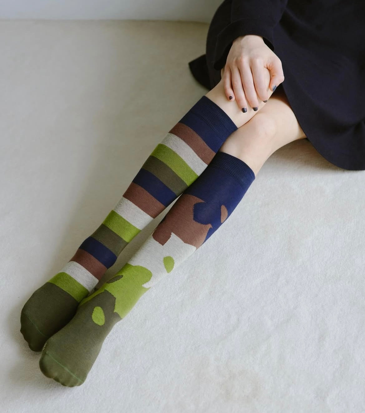 Calzini Spaiati Lunghi In Cotone Matcha Border - Cappelleria Bacca