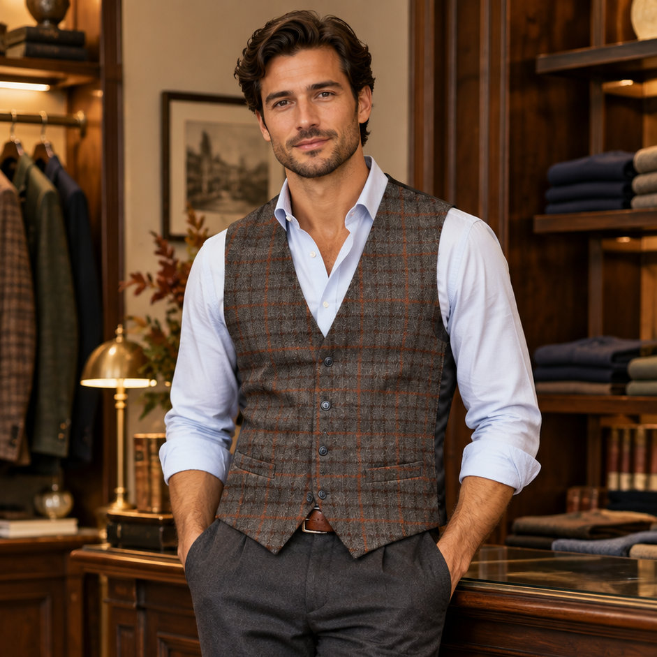 Gilet Uomo In Lana Tweed Scozzese Tortora e Marrone - Cappelleria Bacca