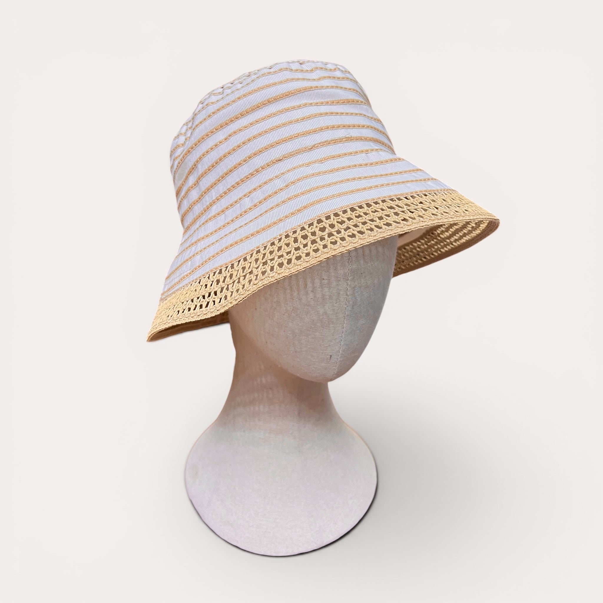 Cappello Donna Estivo In Cotone Avorio Con Bordo In Paglia - Grevi