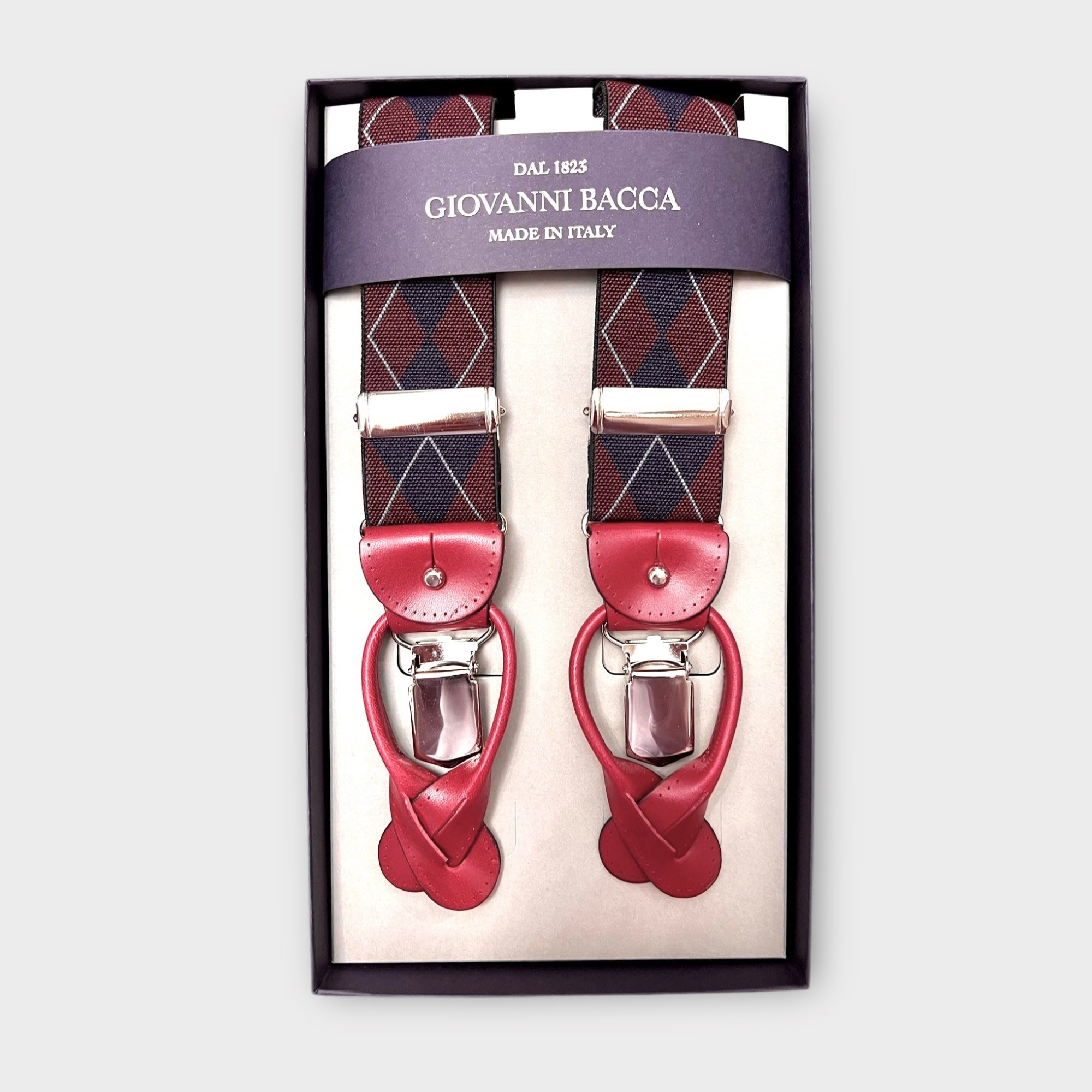 Bretelle Larghe Elastiche Rombi Bordeaux Con Asola In Pelle - Cappelleria Bacca