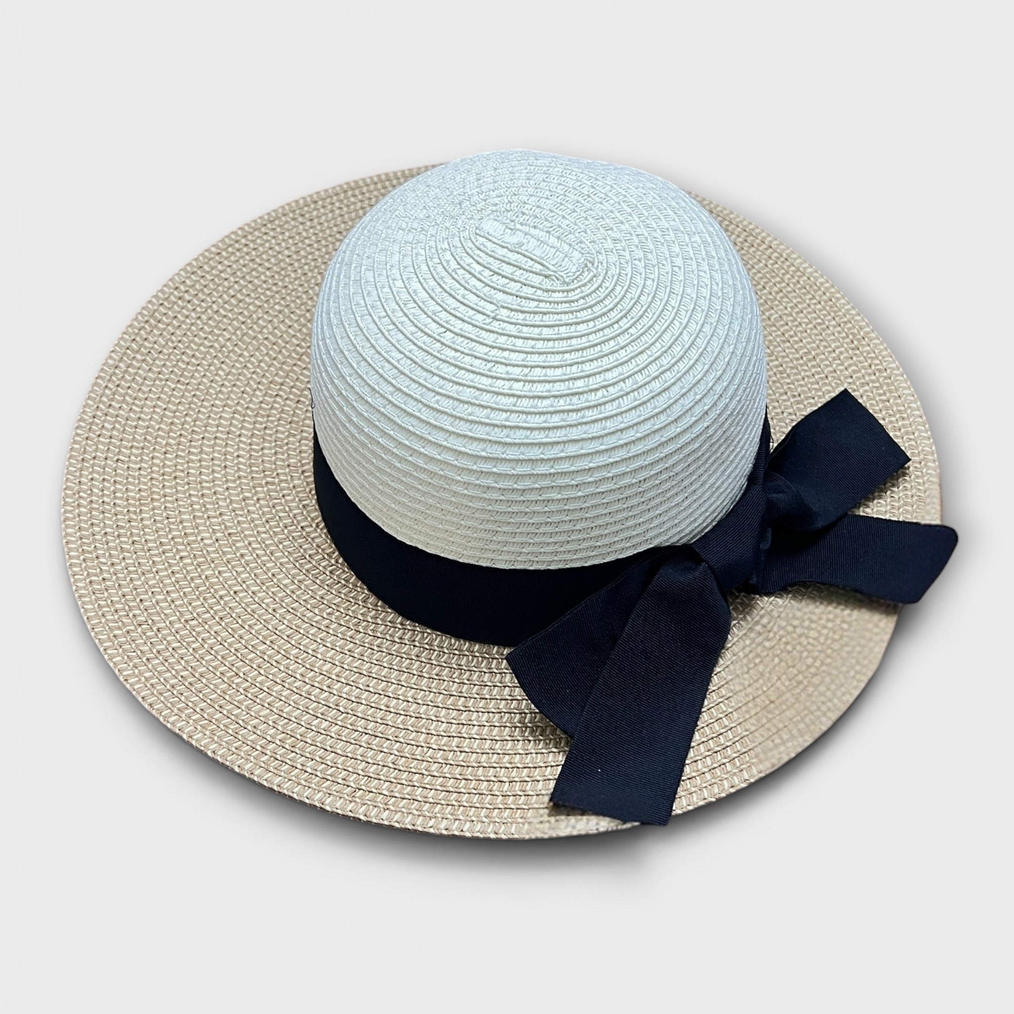 Cappello Da Donna Estivo Ala Larga in Paglia Naturale Papier Bicolor Nastro  Nero