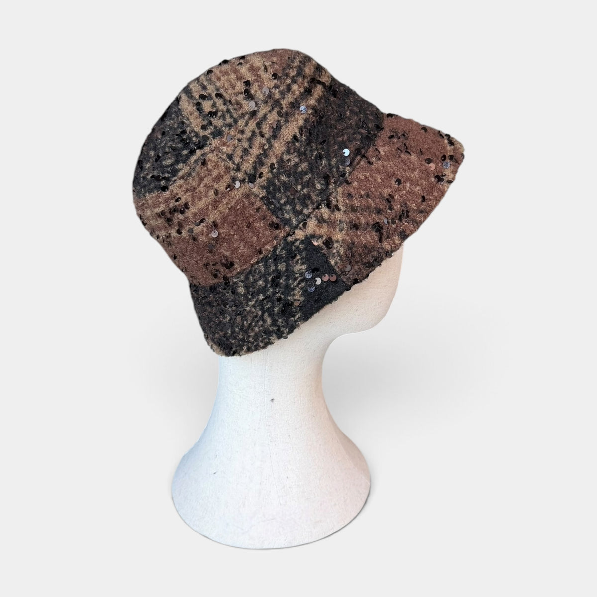 Cappello Bucket Donna Invernale Tessuto Boucle' Marrone e Nero Con Paillettes
