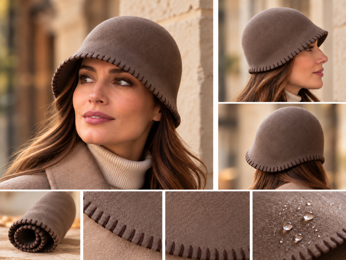 Cappello Donna Cloche Mod. Anni '30 In Feltro Di Lana Merino Idrorepellente E Pieghevole Con Ricamo