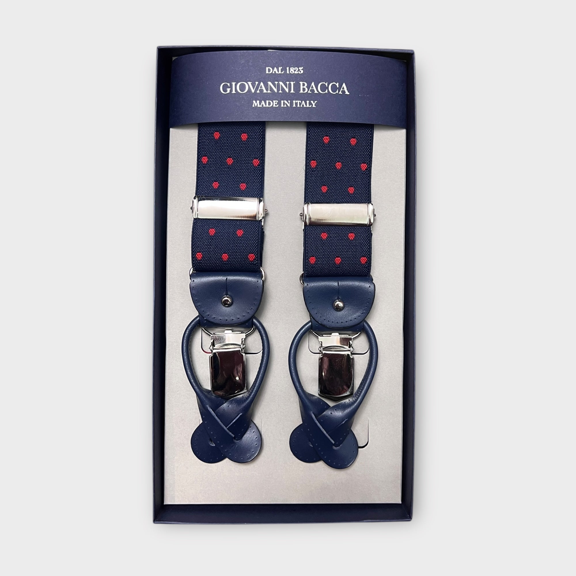 Bretelle Larghe Elastiche Blu Pois Rossi Con Asola In Pelle - Cappelleria Bacca