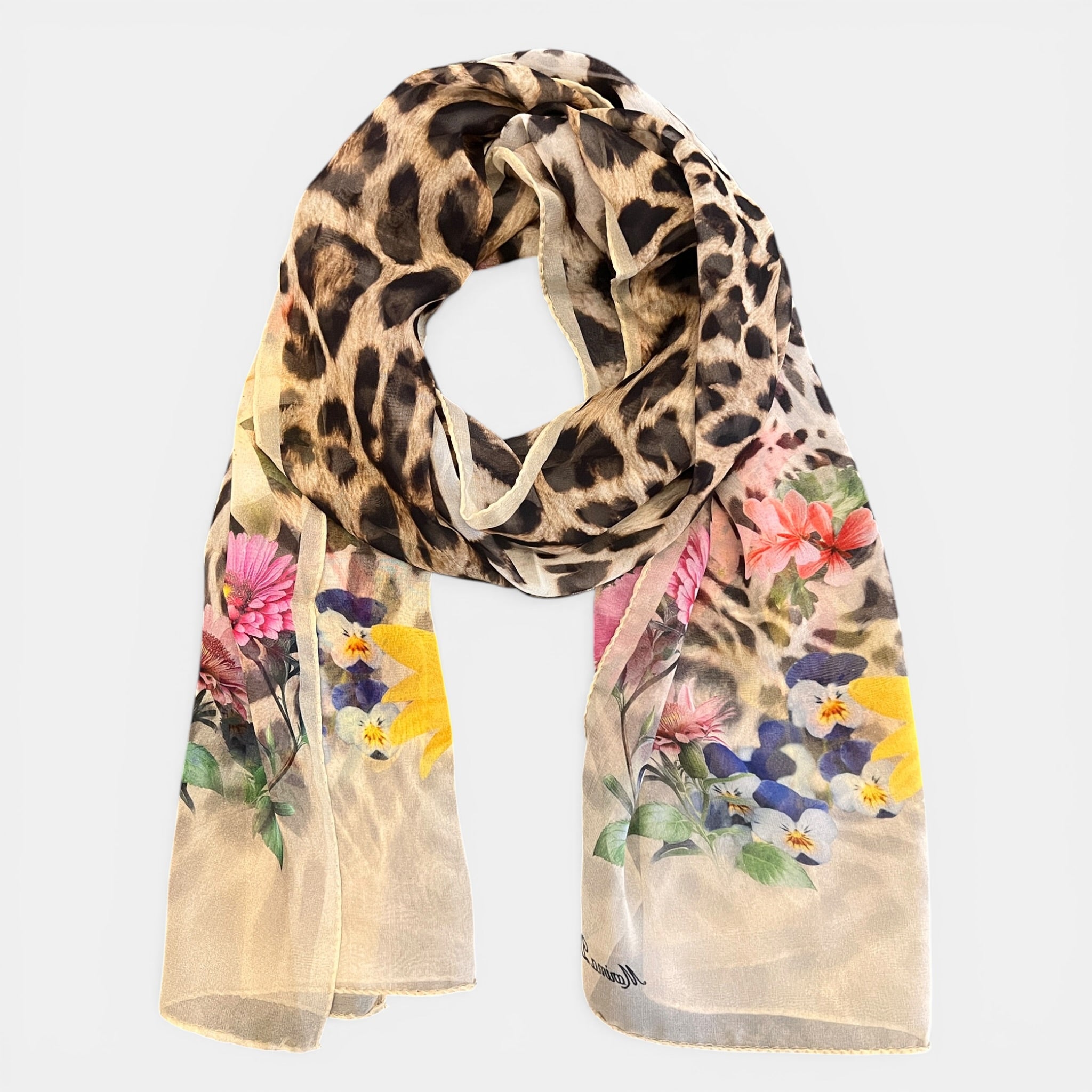 Sciarpa in Pura Seta Georgette Motivo Floreale e animalier 45x160 cm - Cappelleria Bacca