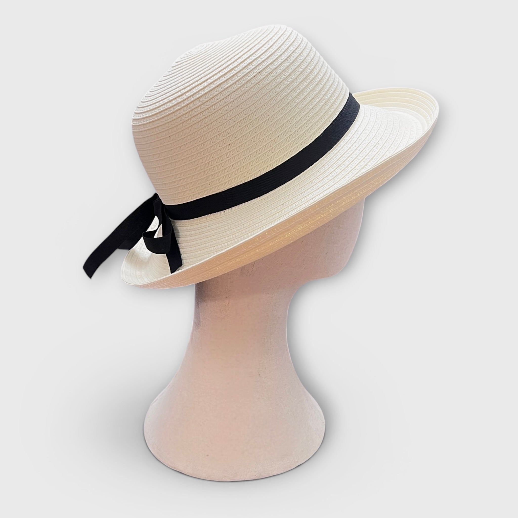 Cappello Da Donna Estivo Ala Media in Paglia Naturale Papier  Nastro Fine Nero