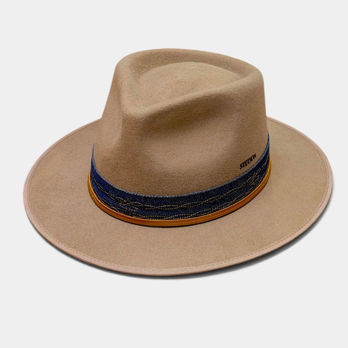 Cappello Stetson Ala Dritta In Feltro Impermeabile Con Nastro In Pelle E Jeans Ricamato - Marrone Chiaro