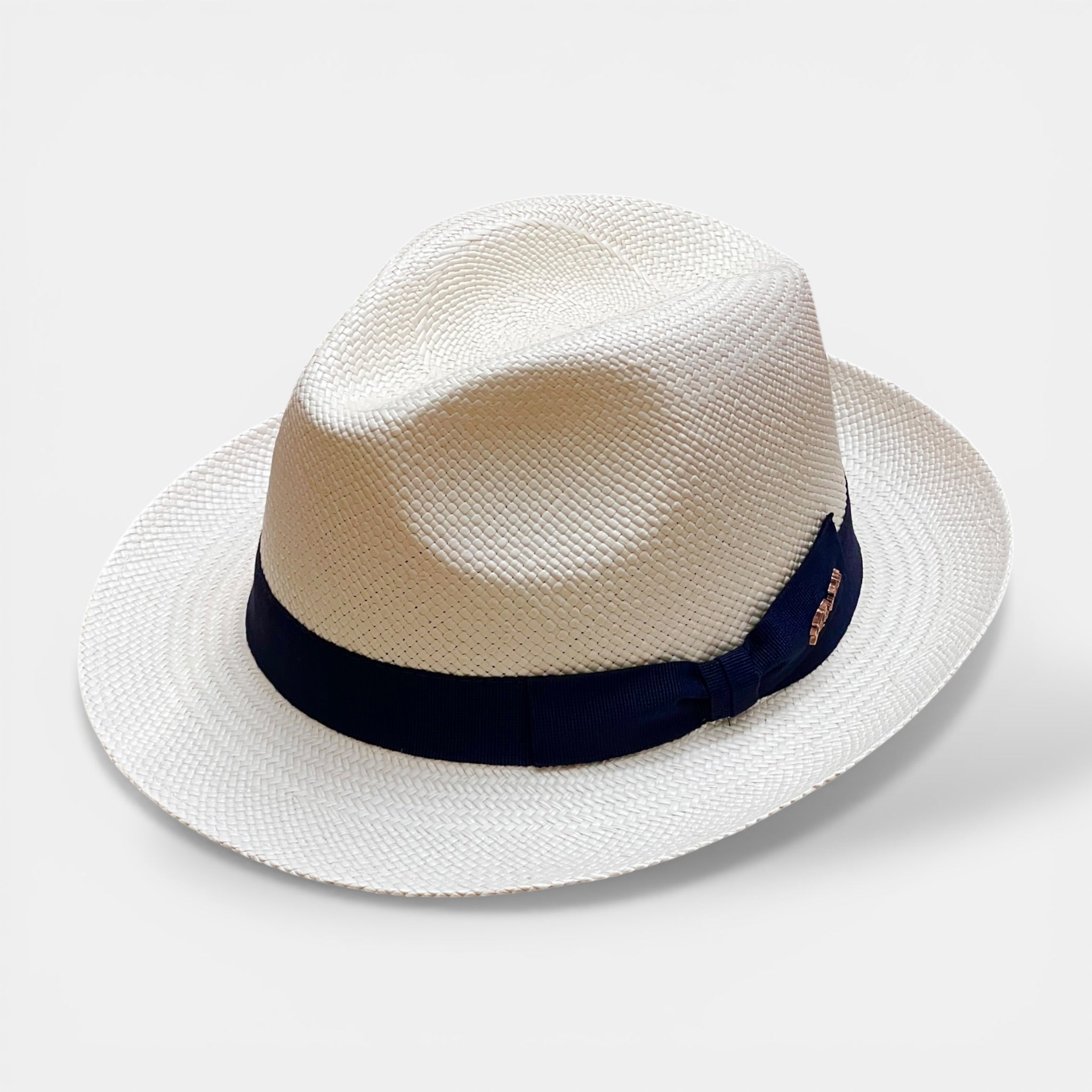 Cappello Panama Originale In Paglia Toquilla  Sbiancato con Nastro Blu - Cappelleria Bacca