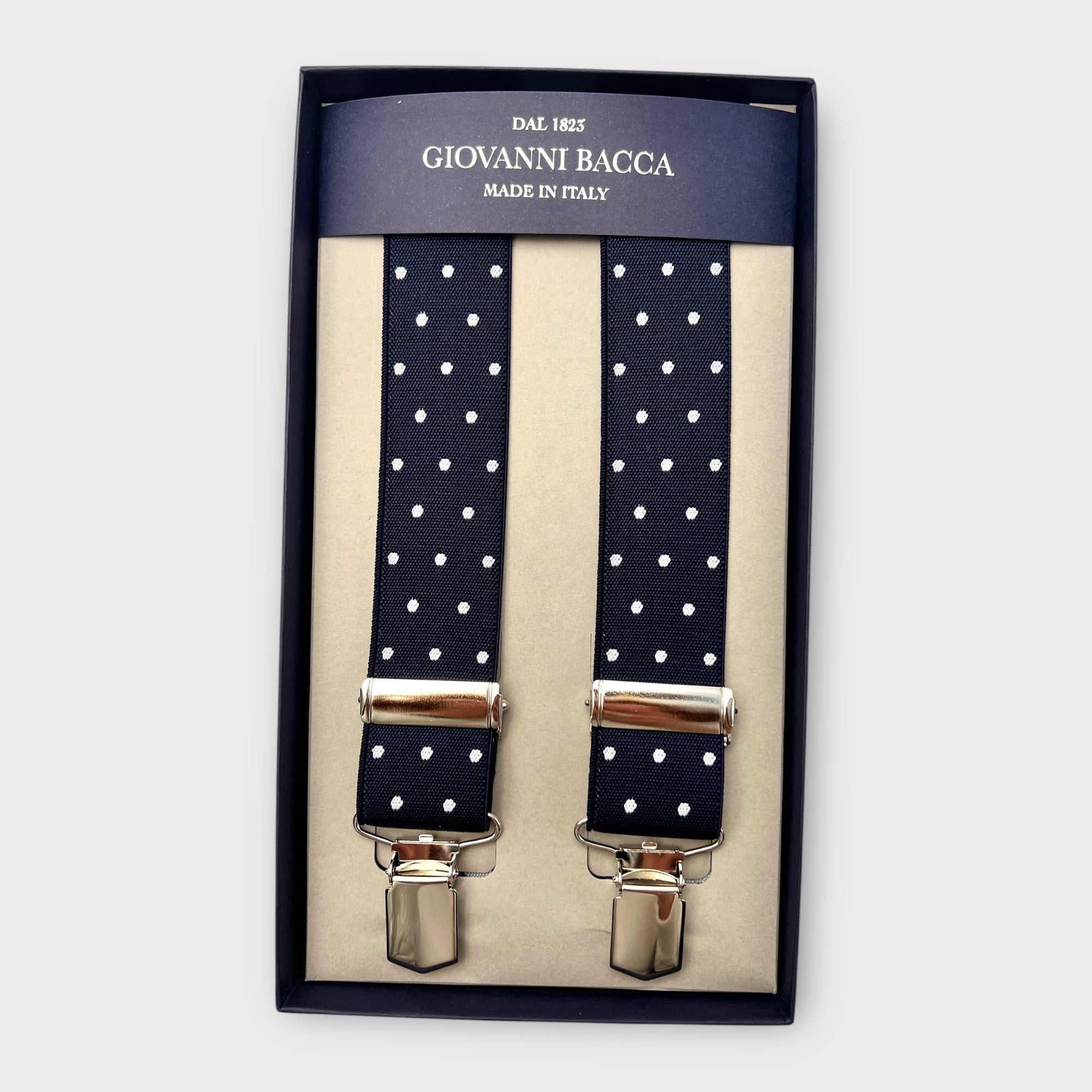Bretelle larghe elastiche con clip blu pois - Cappelleria Bacca