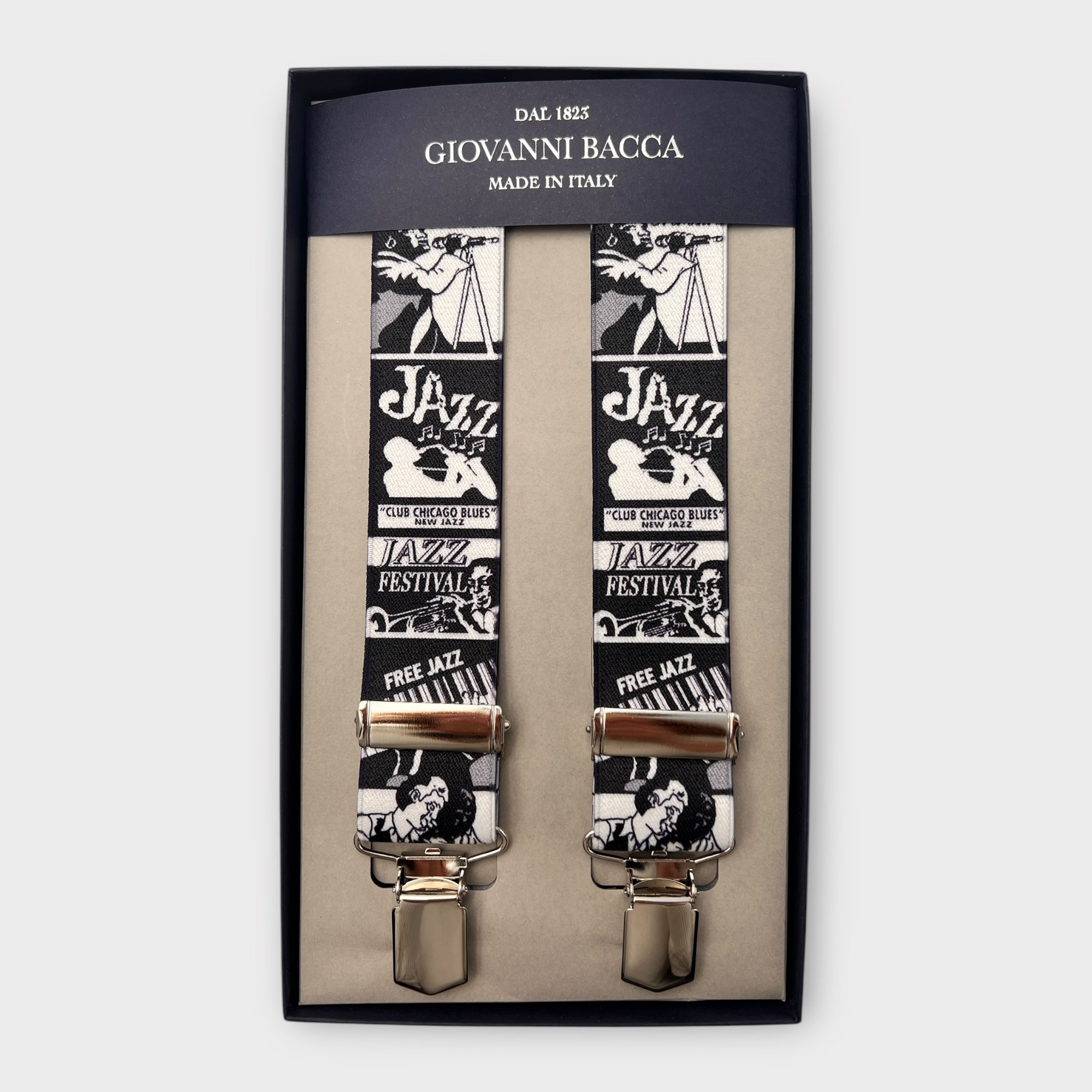 Bretelle Larghe Elastiche Motivo Jazz Bianco e Nero - Cappelleria Bacca