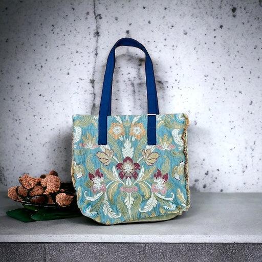 Borsa Shopping Tote bag In Tessuto Fantasia Azzurro e Verde