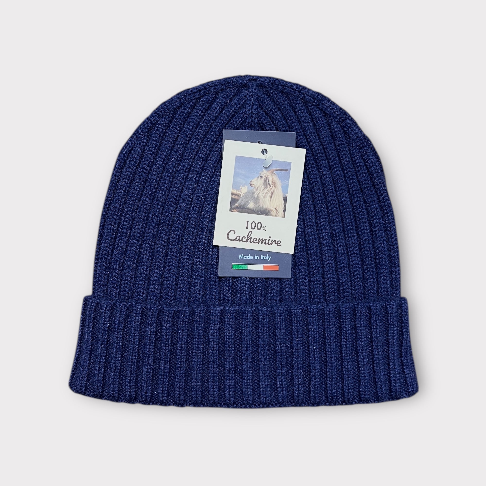 Berretto 100% Cashmere Beanie A Coste Blu - Cappelleria Bacca