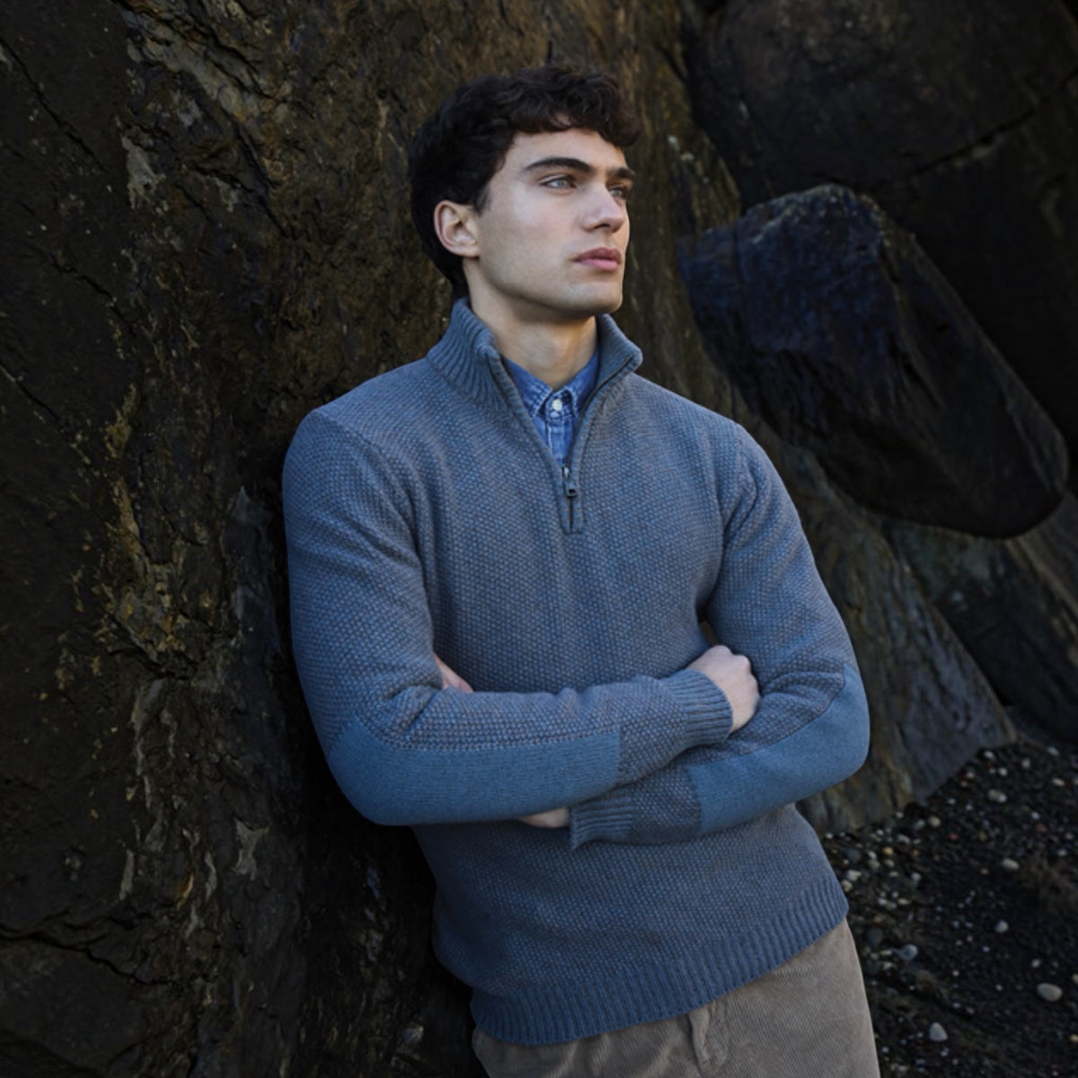 Maglione Uomo In Pura lana Aran Con Zip Neck