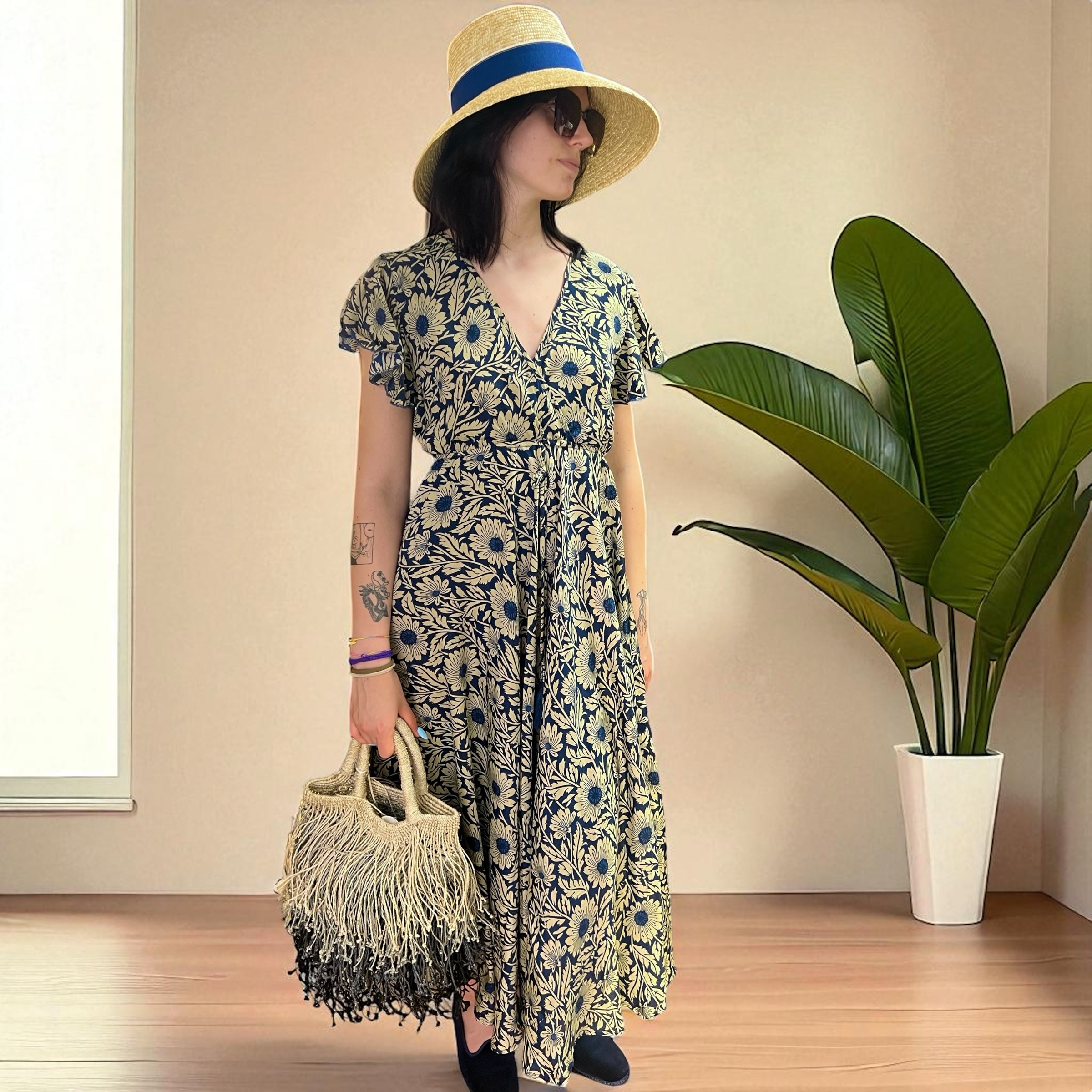 Vestito Lungo Fiori In Tessuto Misto Seta