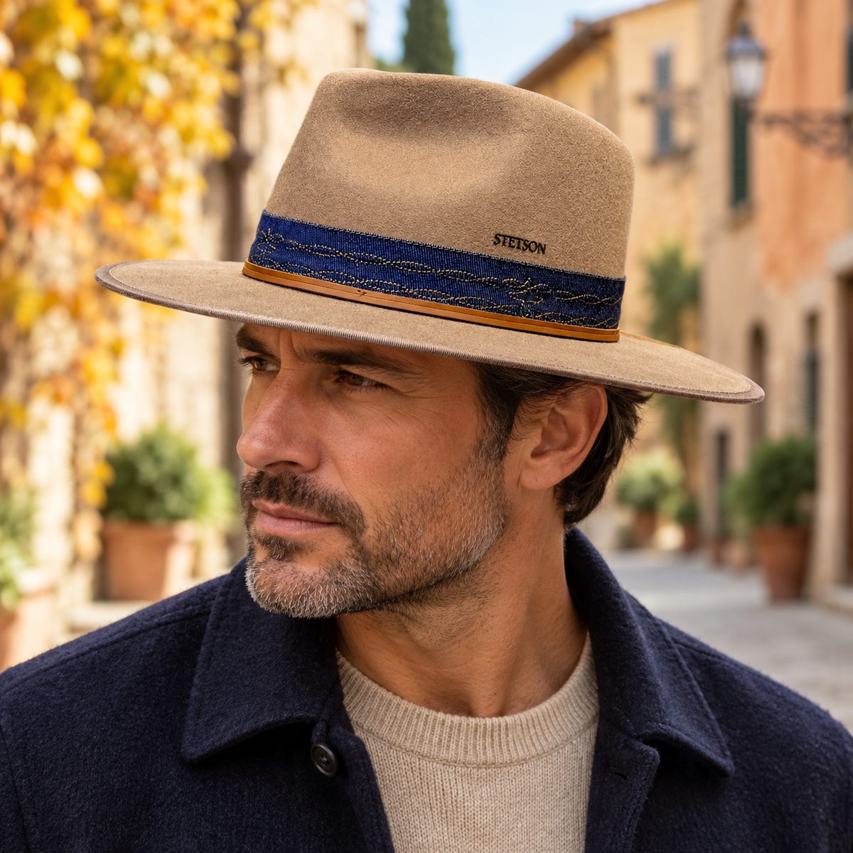 Cappello Stetson Ala Dritta In Feltro Impermeabile Con Nastro In Pelle E Jeans Ricamato - Marrone Chiaro