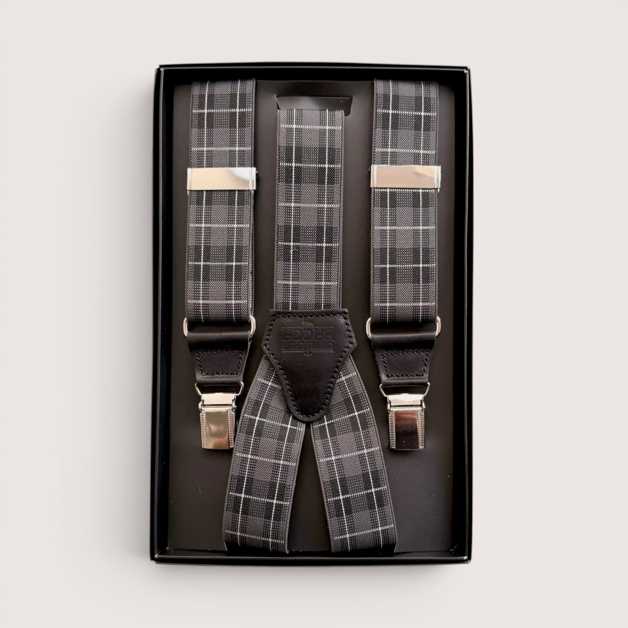 Bretelle A  X Larghe Elastiche Con Terminali In Pelle Motivo Scozzese