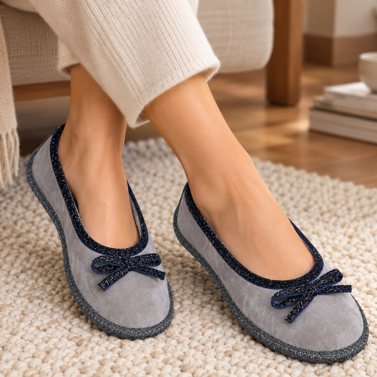 Pantofole Slipper Donna In Lana e Alcantara- Suola in Gomma