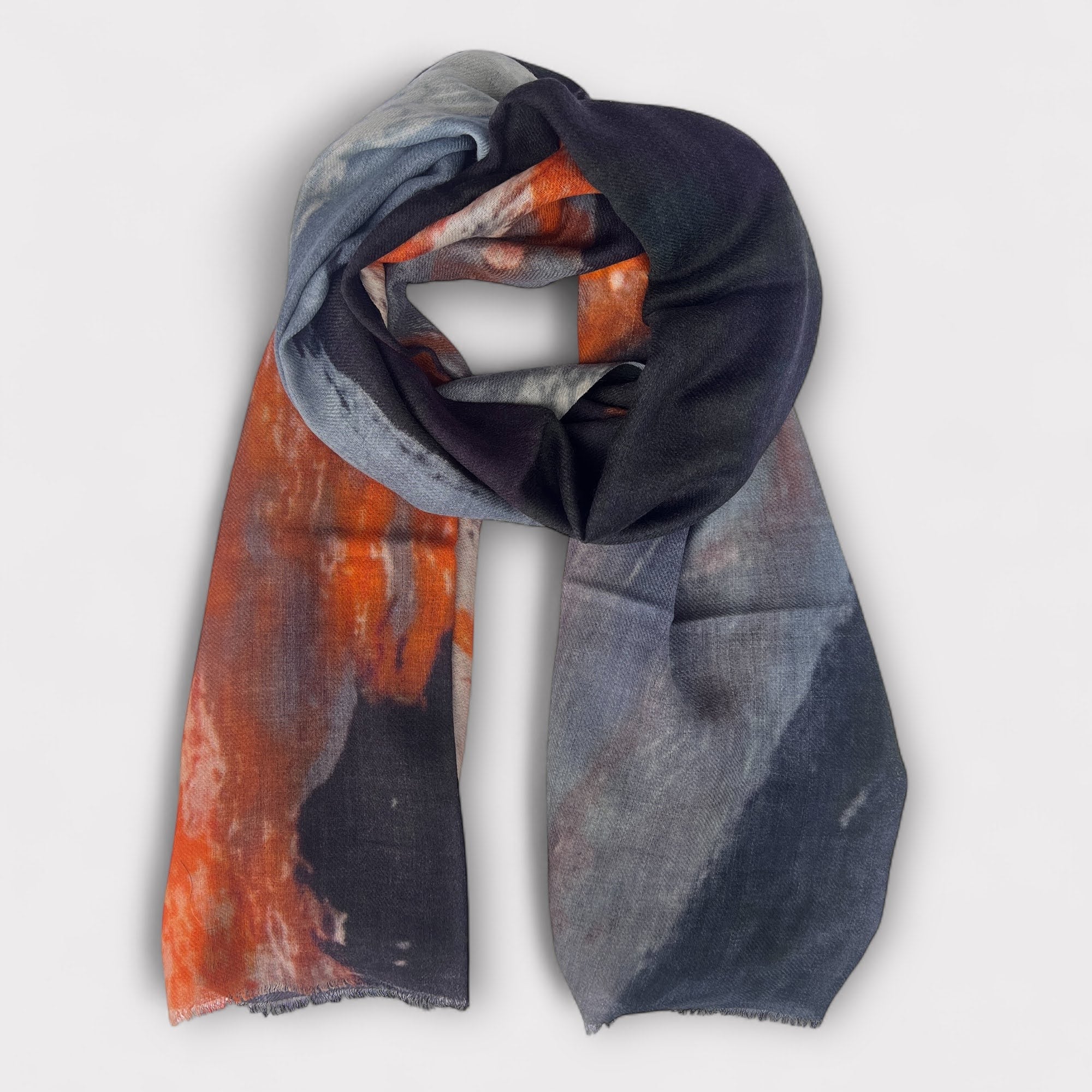 Sciarpa Sottile Unisex in Pura Lana Fantasia Arancio e Nero