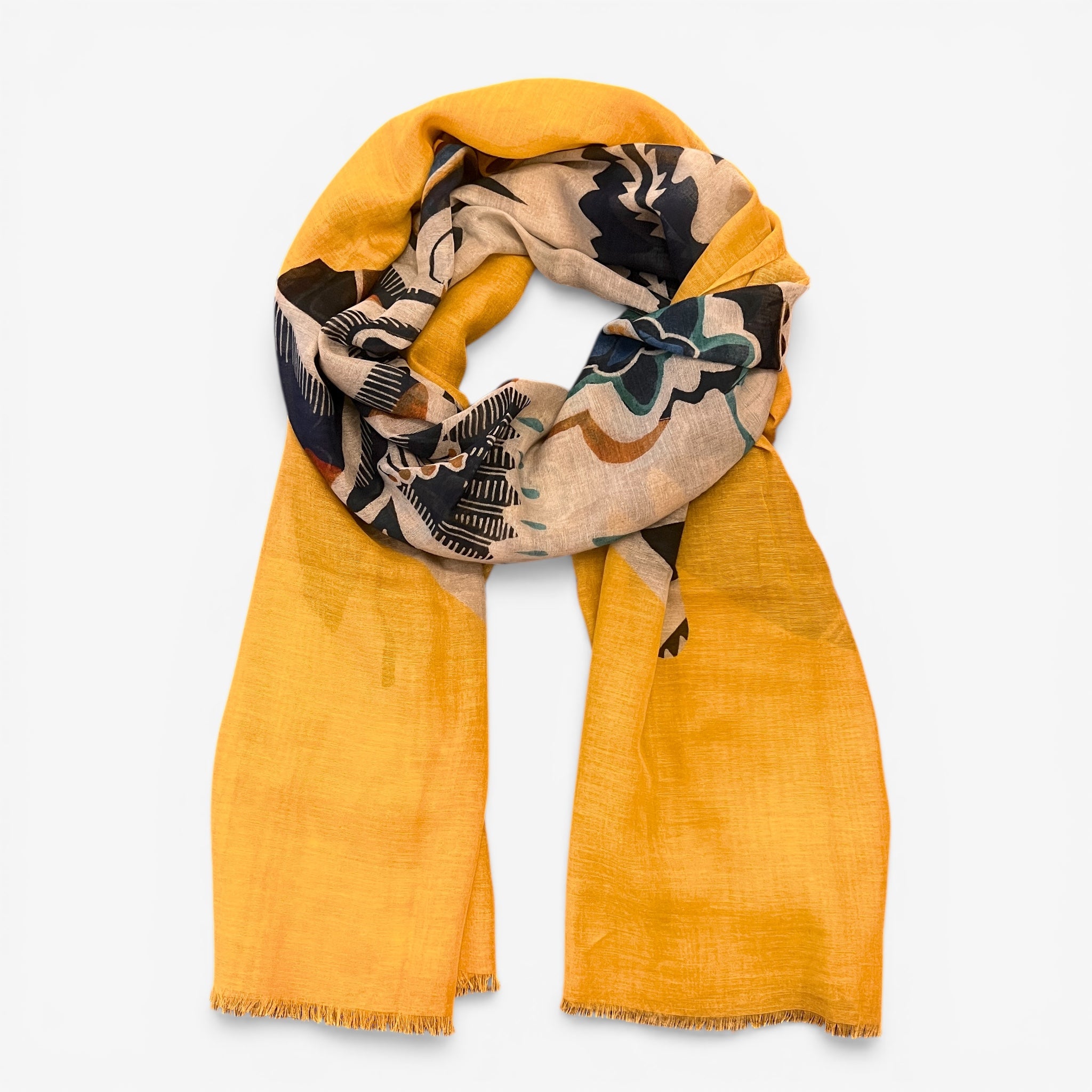 Stola Leggera Estiva In Cotone e Lino 90x200 cm Motivo Pesce Giallo Ocra - Cappelleria Bacca