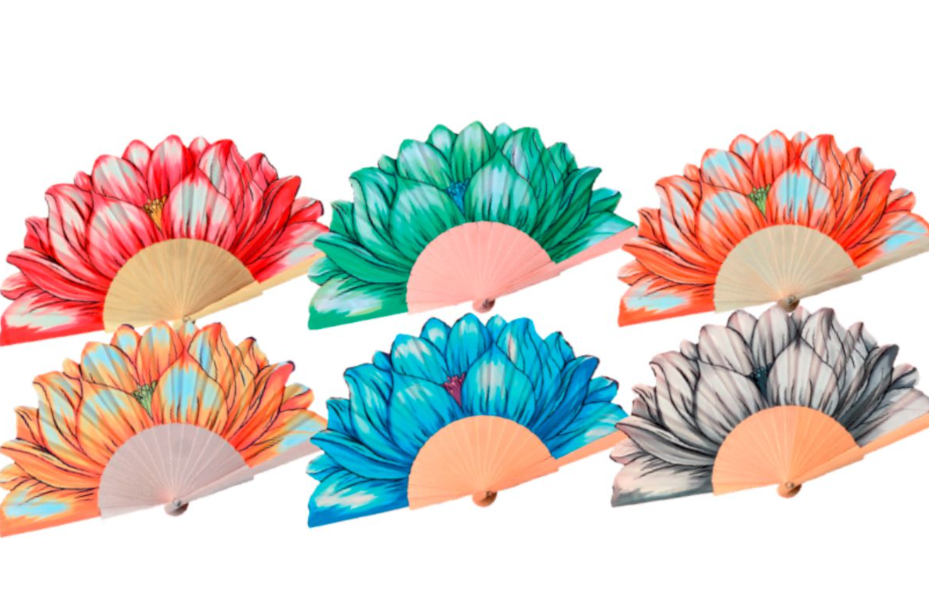 Ventaglio Fiore Tessuto Stampato Diametro 42 cm legno