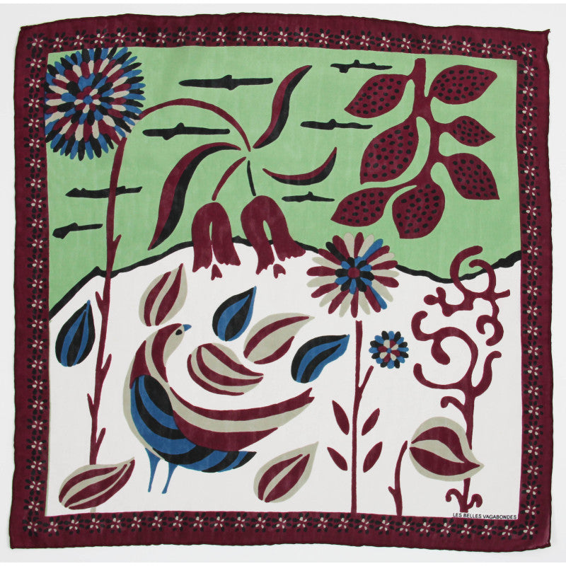 Foulard di seta motivo Birdy verde e bordeaux con dettagli floreali