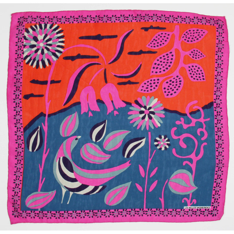 Foulard di seta motivo Birdy arancione, blu e rosa Les Belleses Vagabondes