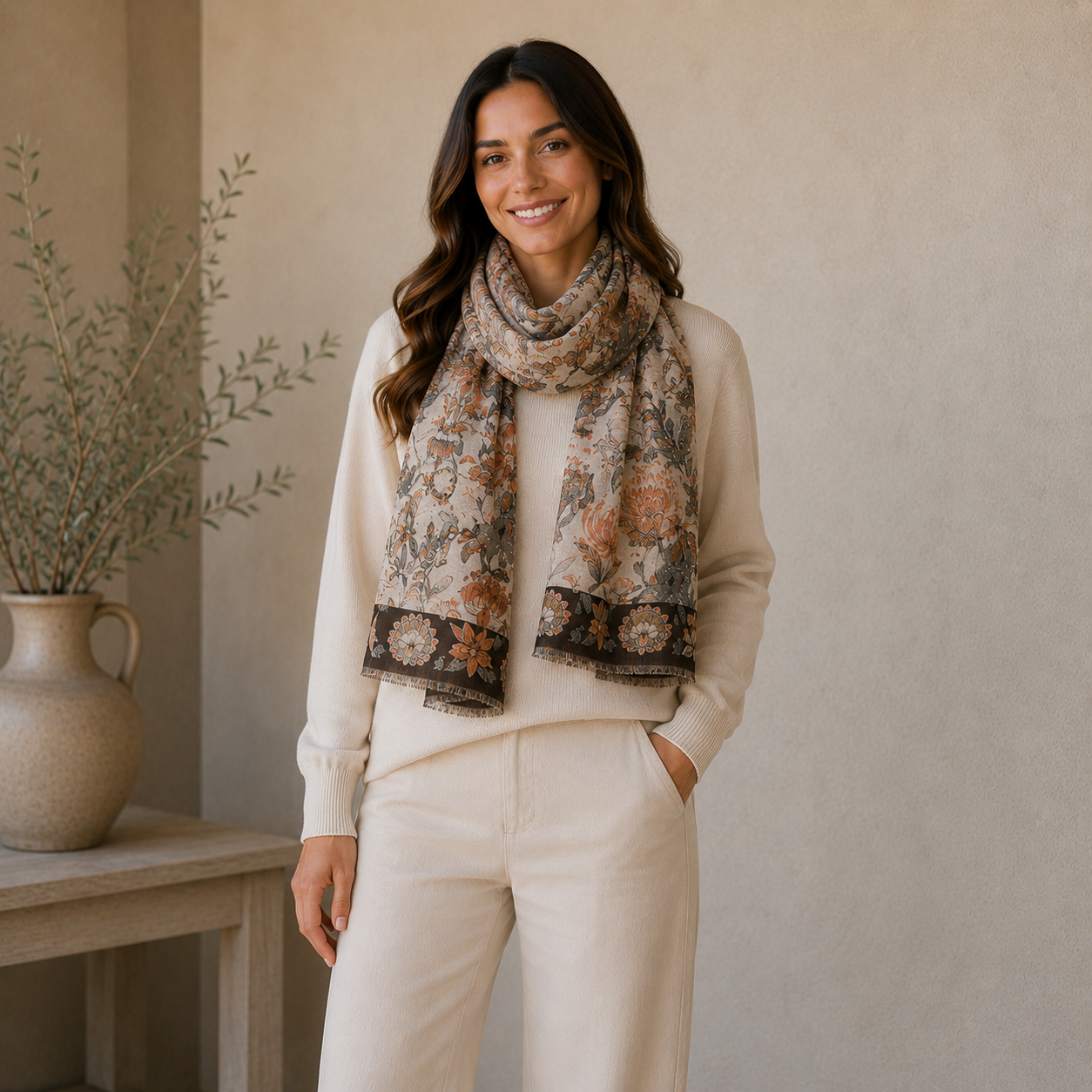 Sciarpa Stola In Tessuto Sottile Di Pura Lana Merinos  70x180 cm - Motivo Natura Beige